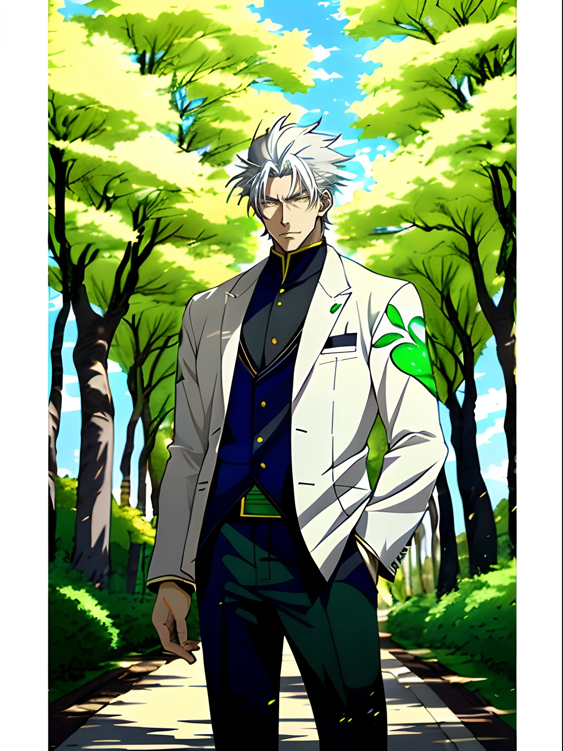 Anime character with white hair and yellow eyes standing in front of a green tree, hajime yatate, Anime portrait of a handsome man, Tall anime man with yellow eyes, Anime handsome man, a silver haired mad, white haired Cangcang, handsome guy in demon killer art, offcial art