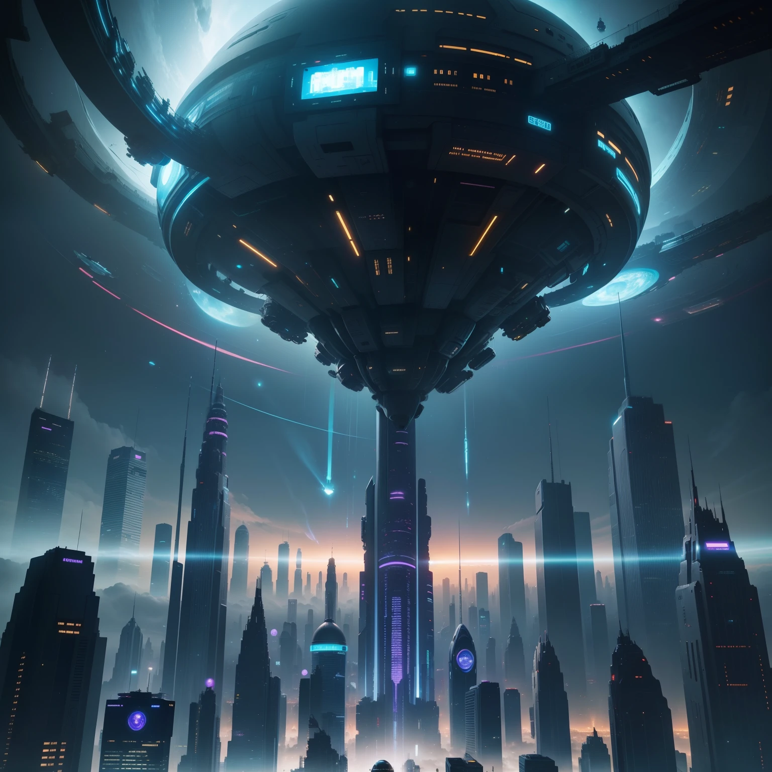 Space City、Futuristic cities、alien、floating in the universe、A cyberpunk futuristic city drawn on an overwhelming scale、The streets are lined with skyscrapers、A space station、top-quality、masterpiece、、dream、utopian、planet earth、、Fromantic、Beautiful city、