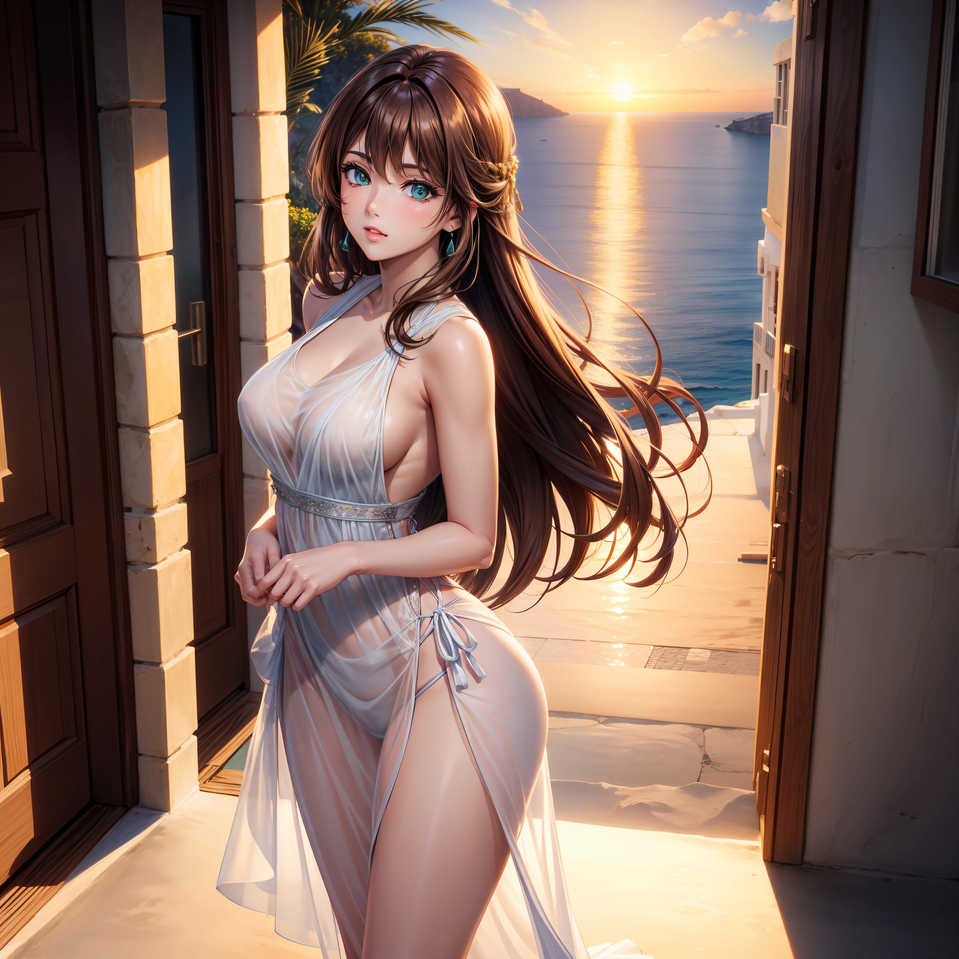 Woman in Greece portrait anime green eyes Nikon camera sunset hour realistic photography Beach House at Greek island animation realistic brown hair, Santorini Greece Islands sunset hour realistic photography sexy woman gorgeous, sexy woman gorgeous see through dress 8k sharpness extra crispy 4K
