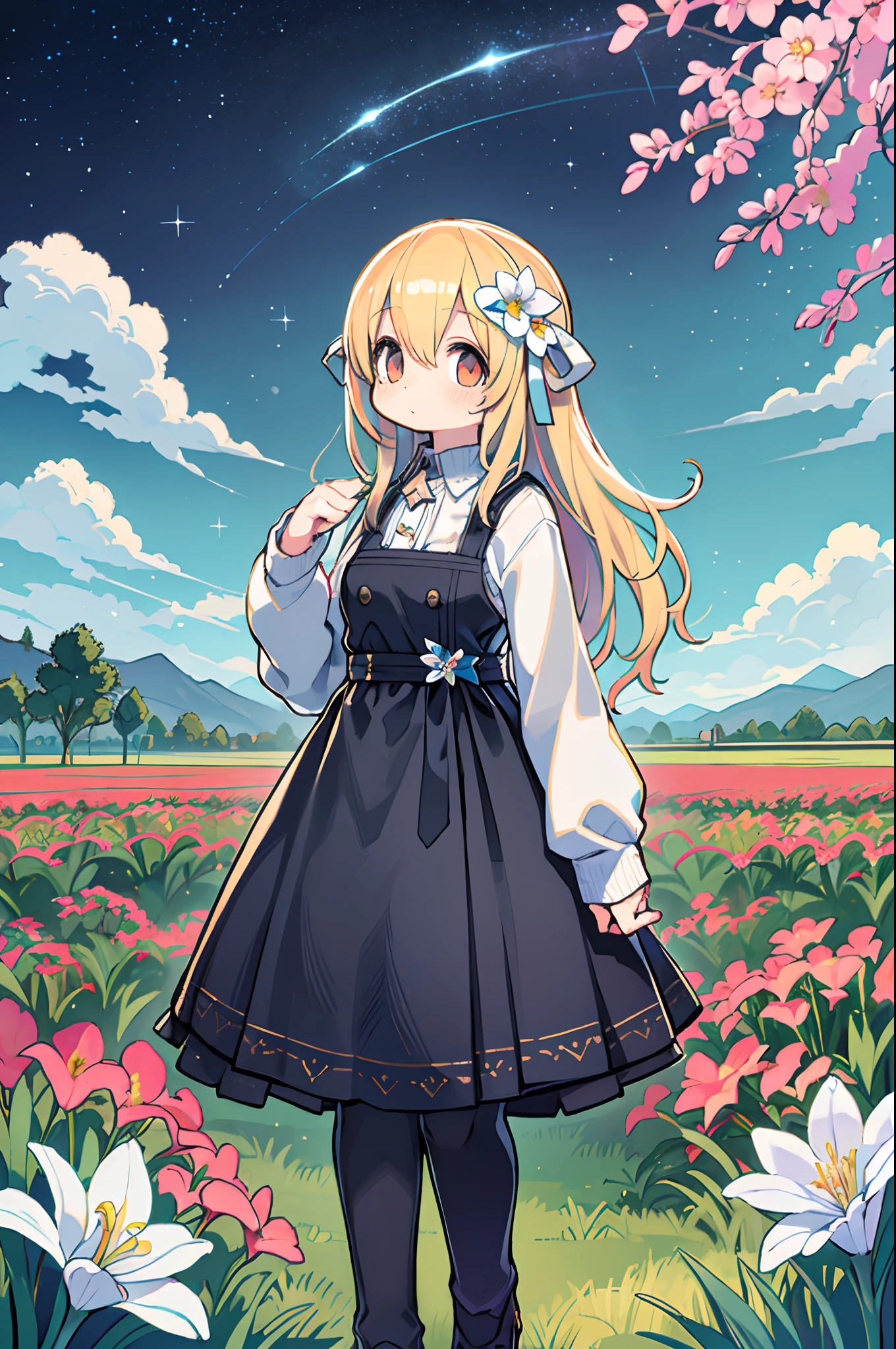 There is a girl standing in a flower field and looking up at the sky, Girl Standing In A Flower Garden, girl walking in flower field, Lost in Dreamy Wonderland, stands in a flowering field, Awesome digital painting, Sky is Xu々It will be sunny to, Starry sky is Xu々Retreat to