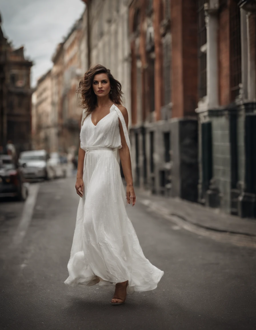 beautfull woman, 27 year old, dark-haired white, lively, in a beautiful wedding dress, late afternoon in a square