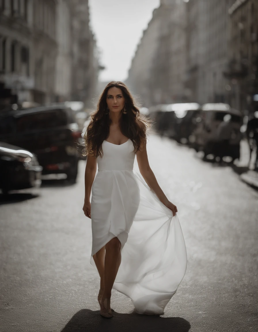 Urban streets，A woman who is，white dresses，cabelos preto e longos，The face is clear，illustrious，On the walk