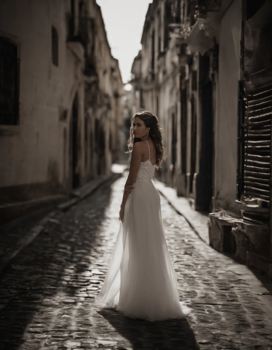 Scene:
Imagine a dark and sinister night in the narrow and gloomy streets of Recife's historic São José district. The full moon shines brightly in the sky, casting a pale light on the weathered cobblestones. In the center of the scene, young Isabela, a student of history, appears boldly, holding a faint lantern that lights her way.