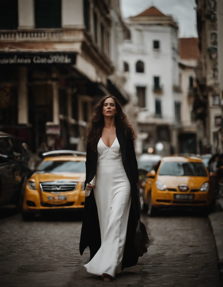 Urban streets，A woman who is，white dresses，cabelos preto e longos，The face is clear，illustrious，On the walk
