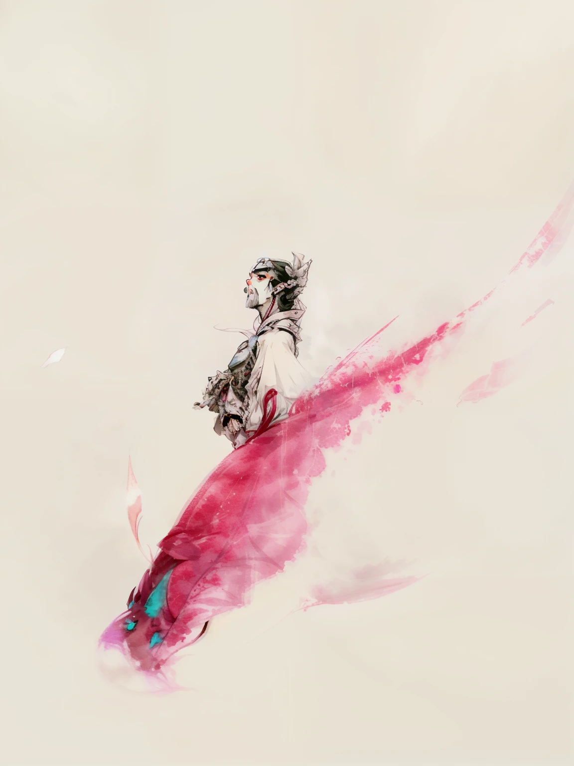 Old immortal with white beard and white eyebrows,Dressed in white, There is a butterfly jade pendant around the waist,Stand on a big red carp floating in the air,Clouds are all over,He smiled and looked at me