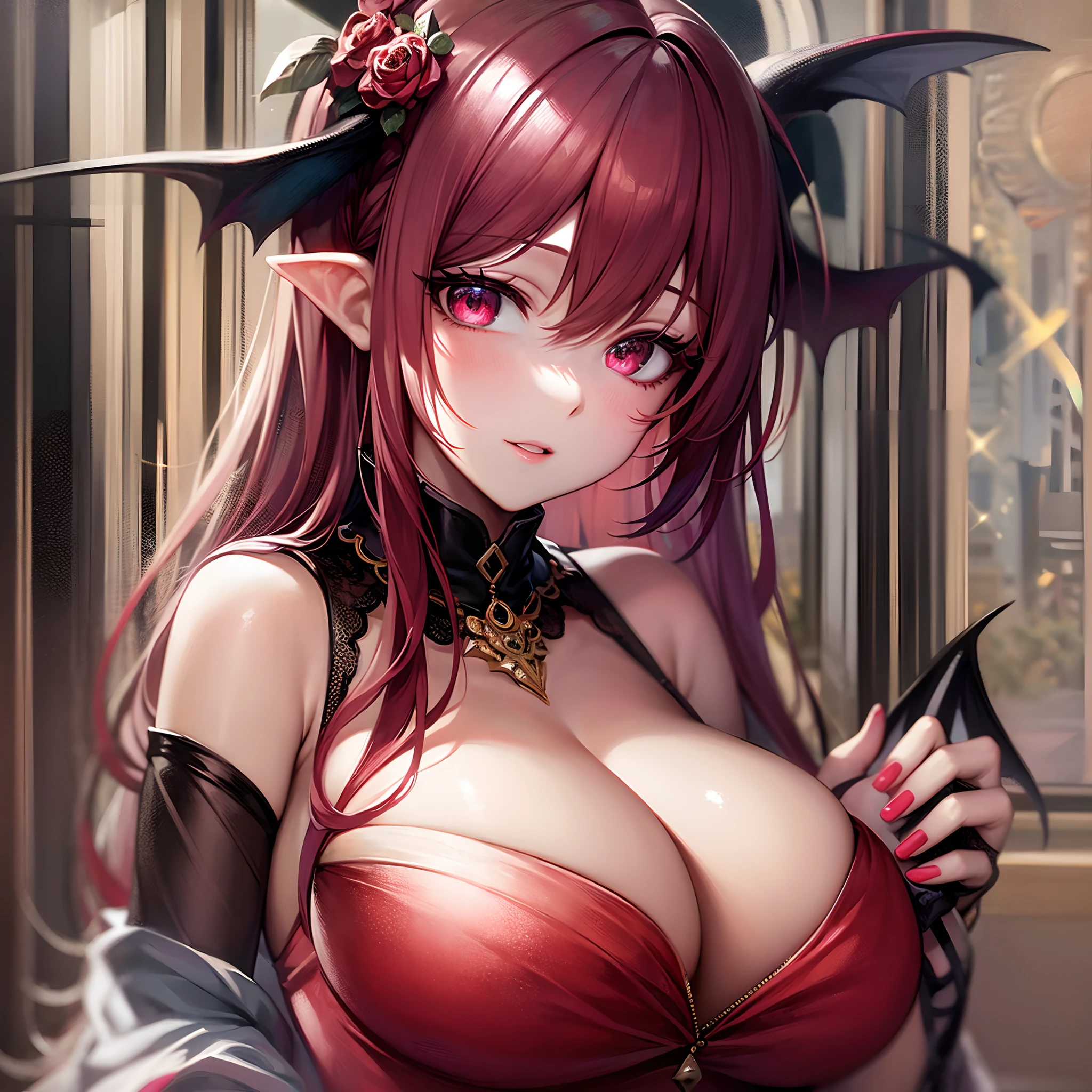 1girl, succubus, crimson hair, ruby eyes, crimson dress, veiled face, large soft breast, cleavage