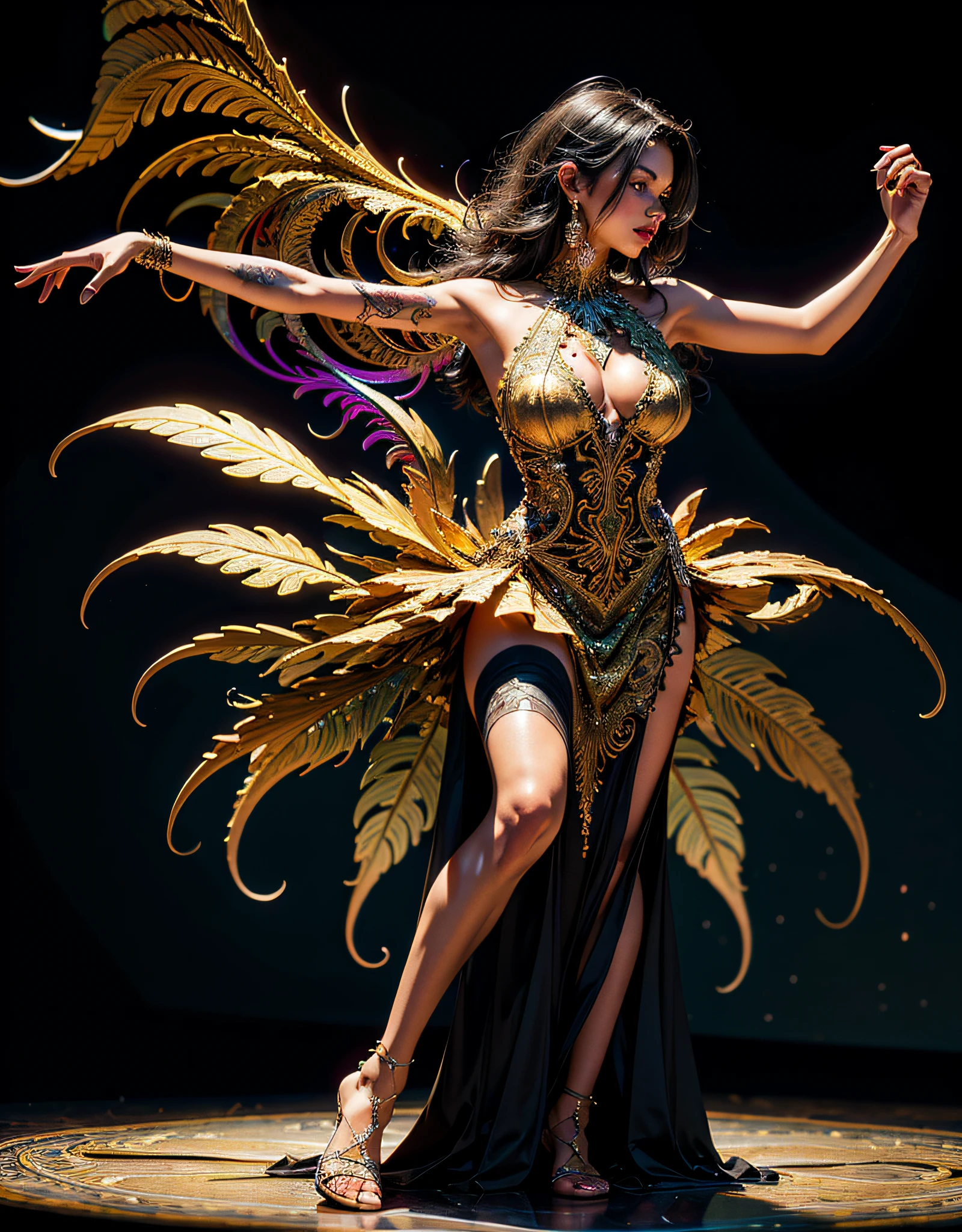 Latin American (SALSA dancer DRESS) wearing a tatoo with "vuolveras" written on it (masterpiece, top quality, best quality, (black theatre background) beautiful and aesthetic:1.2), (1girl), extreme detailed,(fractal art:1.3),colorful,highest detailed