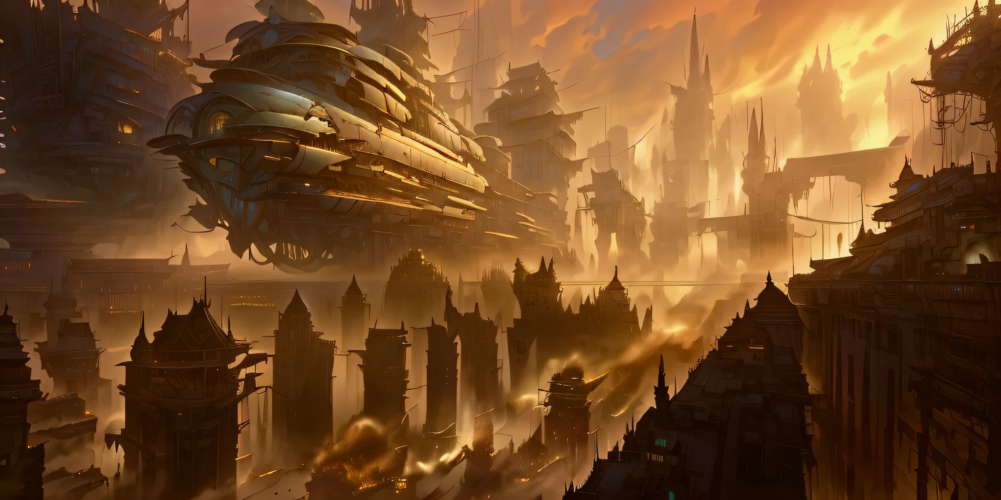there is a large building with a boat in the middle of it, golden steampunk city atmosphere, inspired by Marc Simonetti, steampunk airships fly overhead, airship in steampunk, karl spitzweg. unreal engine, inspired by Carl Spitzweg, very far royal steampunk castle, concept art stunning atmosphere, style of marc simonetti