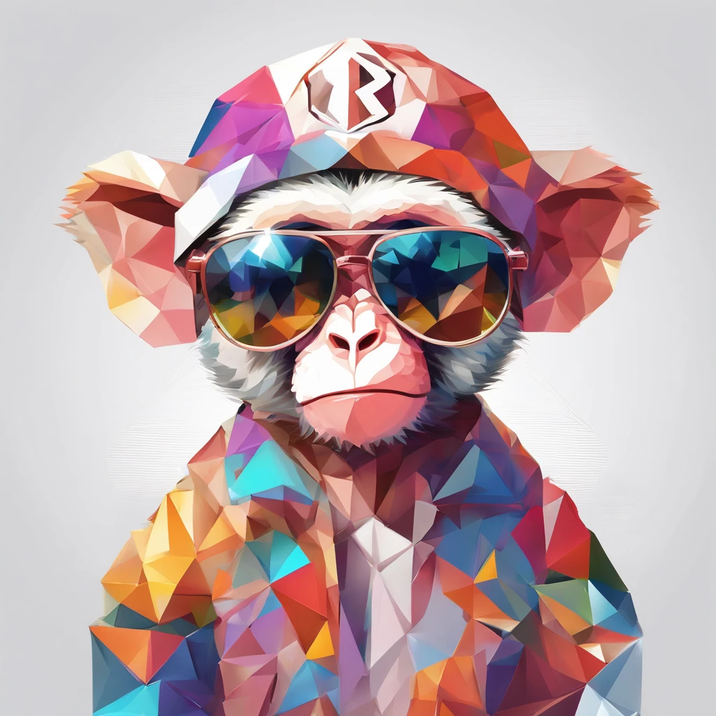 Perfect alignment, Cute little monkey in jacket，Crystal Vase，Rose flower, Wearing sunglasses, cheerfulness, Standing position, Abstract beauty, Centered, Looking at the camera, Facing the camera, Approaching perfection, Dynamic, Highly detailed, Smooth, Sharp Focus, 8K, hight resolution, Illustration, art by carne griffiths and wadim kashin, White background、Colorful Sunglasses、wearing a baseball cap