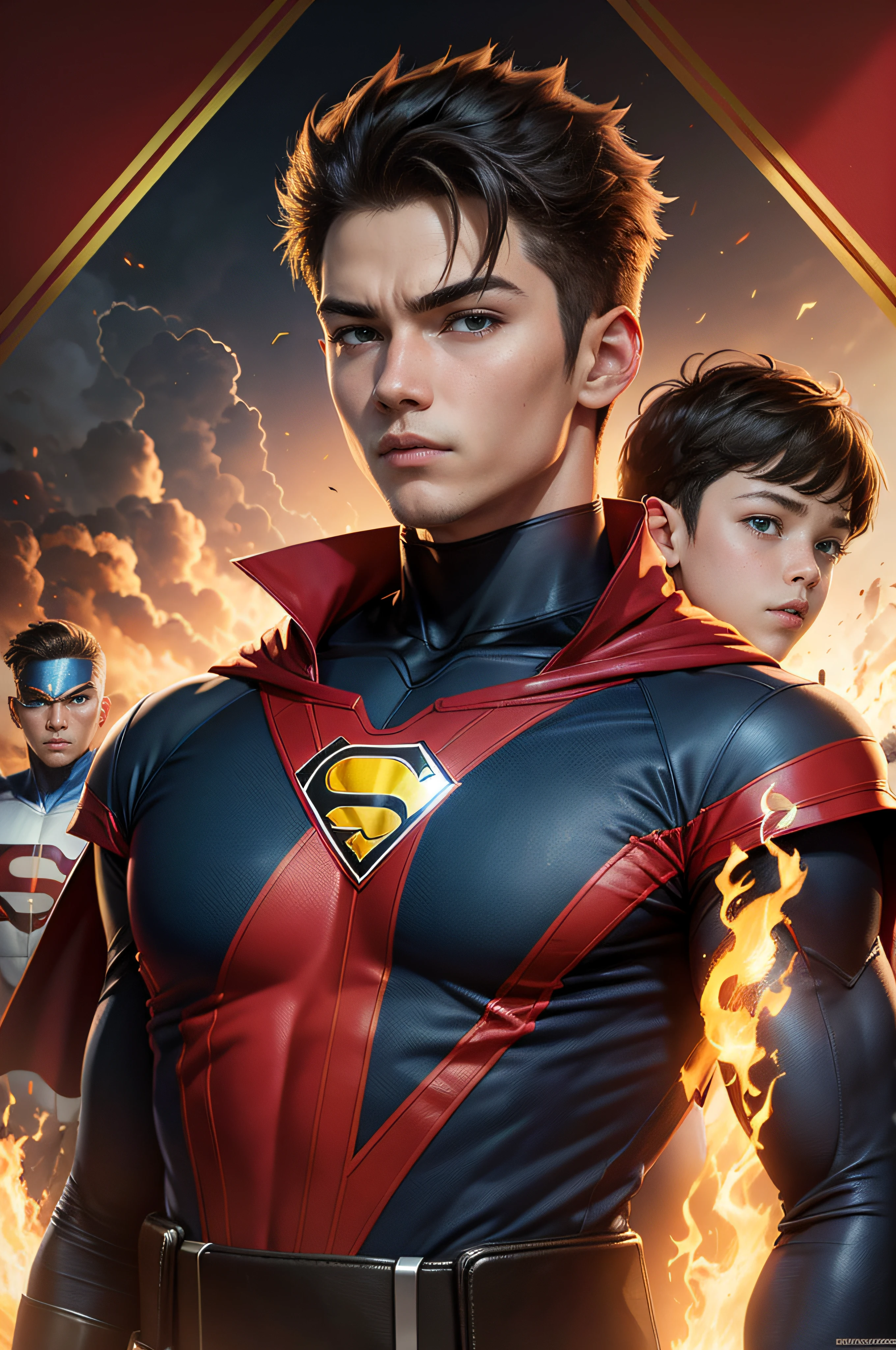 *Movie poster - a family of superheroes, father, mother and three sons. The eldest son is 16 years old, his superpower is fire and his uniform color is red The middle son is 12 years old his superpower is science and his uniform color is yellow The little boy is 8 years old - his superpower is football and his uniform color is green Pixar style --s 750 --upbeta