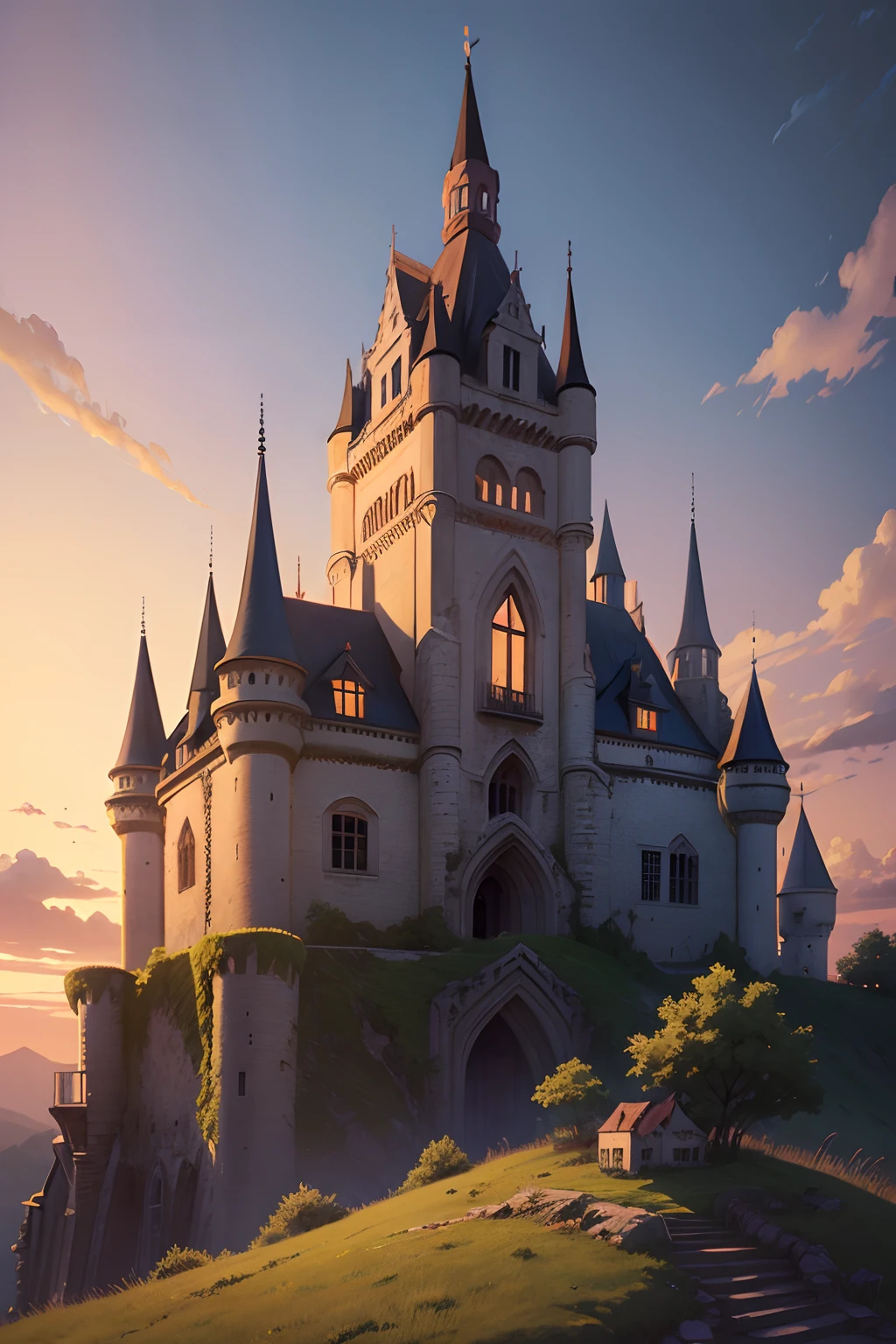 a close up view of a beautiful abandon castle with peaceful creature sleeping around with the evening sky in a semi realistic anime style