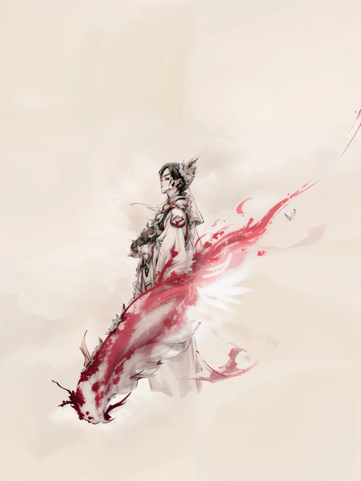 Old immortal with white beard and white eyebrows,Dressed in white, There is a butterfly jade pendant around the waist,Stand on a big red carp floating in the air,dark stormy clouds,He smiled and looked at me
