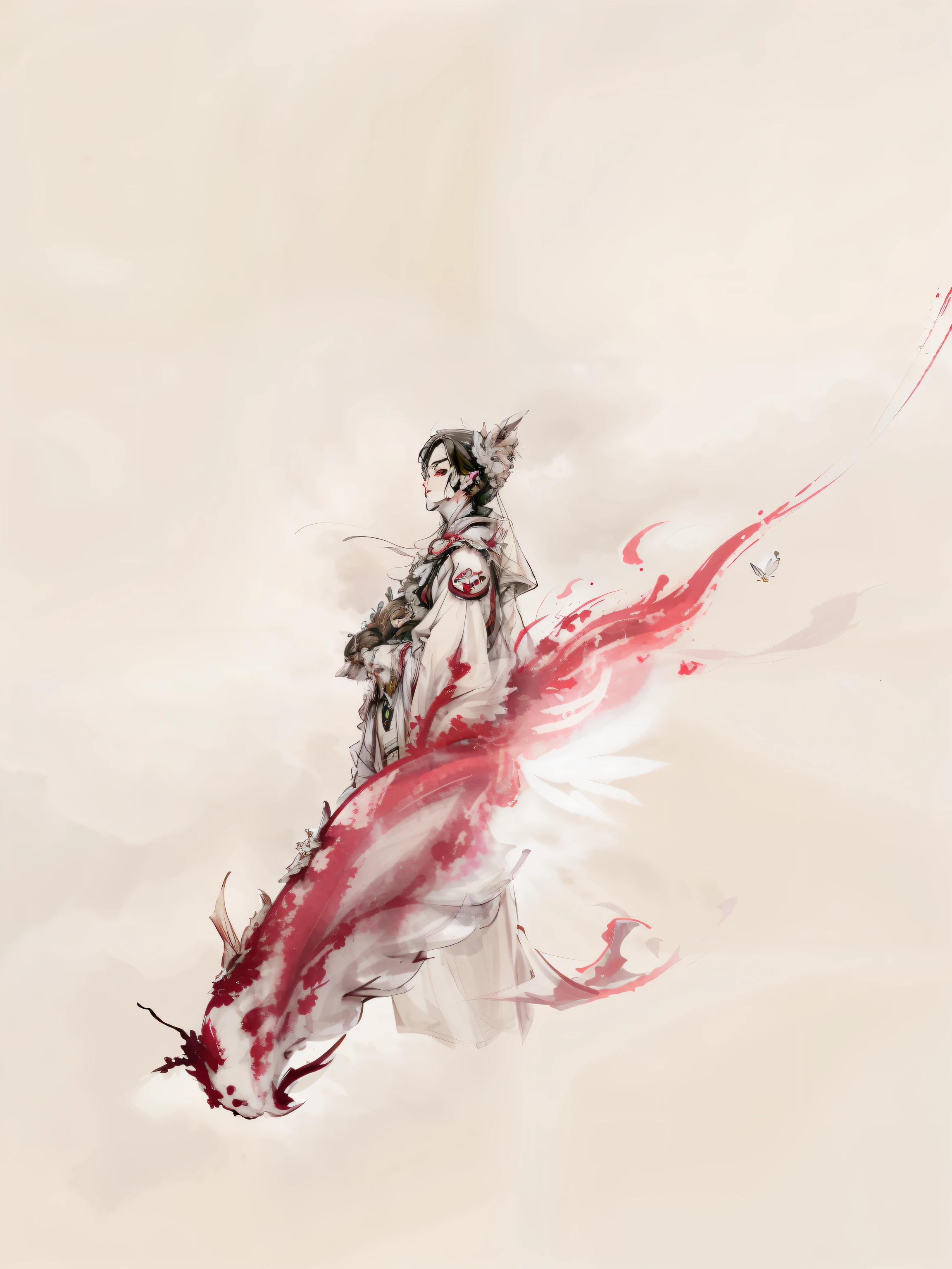 Old immortal with white beard and white eyebrows,Dressed in white, There is a butterfly jade pendant around the waist,Stand on a big red carp floating in the air,dark stormy clouds,He smiled and looked at me