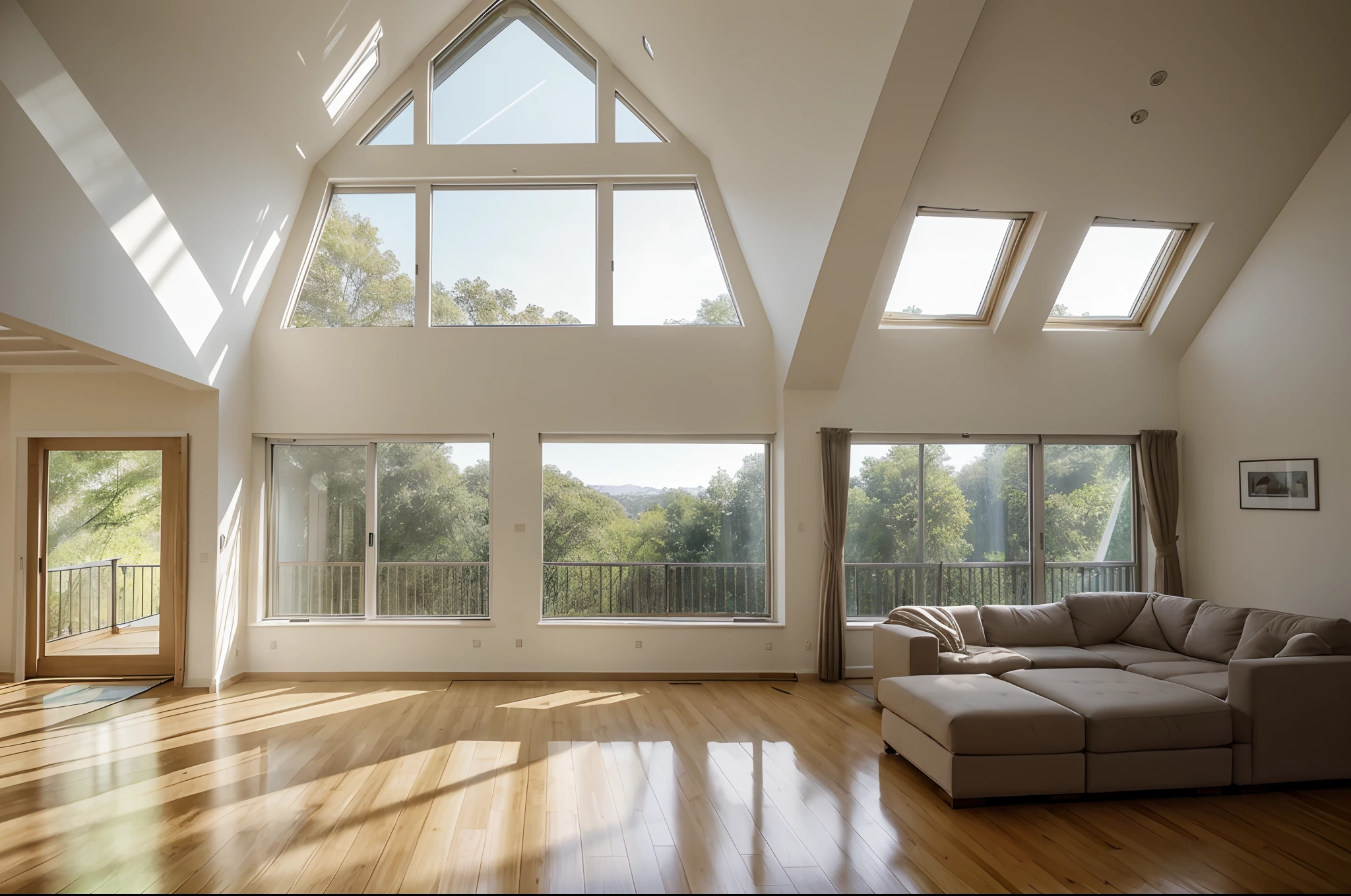 (light-filled room:1.1,spacious:1.1,open plan:1.1),high ceiling,large windows The room should have abundant natural light, creating a bright and airy atmosphere. It should have a spacious layout with an open-plan design. The high ceiling and large windows will emphasize the modernity of the room and allow for a panoramic view.