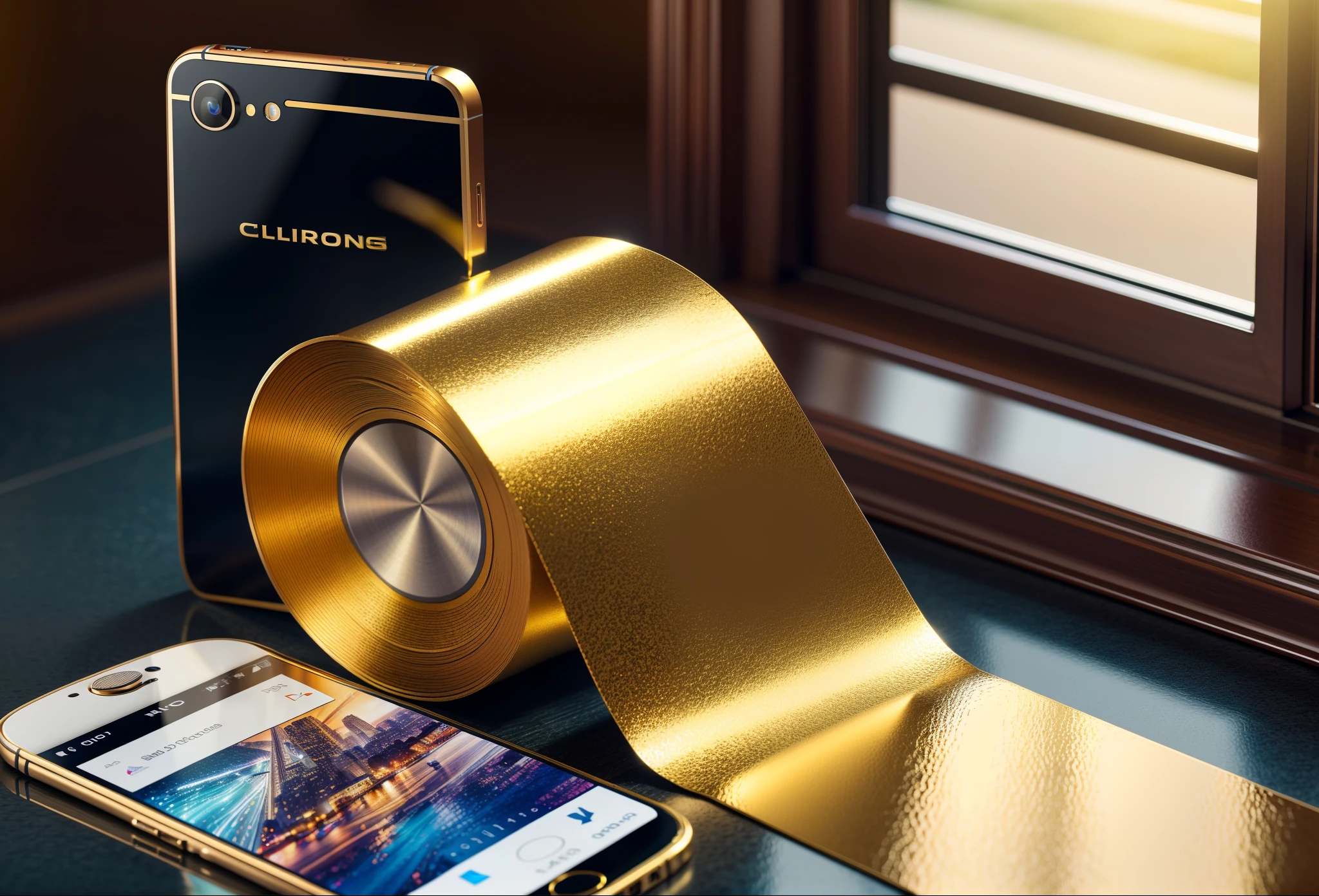 A state-of-the-art smartphone, advertising ribbon, gold and silver details, (best quality: 1.4), cinematic, highlight lighting, RAW photo, (photorealistic: 1.8, realistic), light high brightness, high quality, sharp focus, DSLR HDR, UHD, 64K, highly detailed professional photography, artstation trends, unreal engine, vivid colors, high resolution scanning