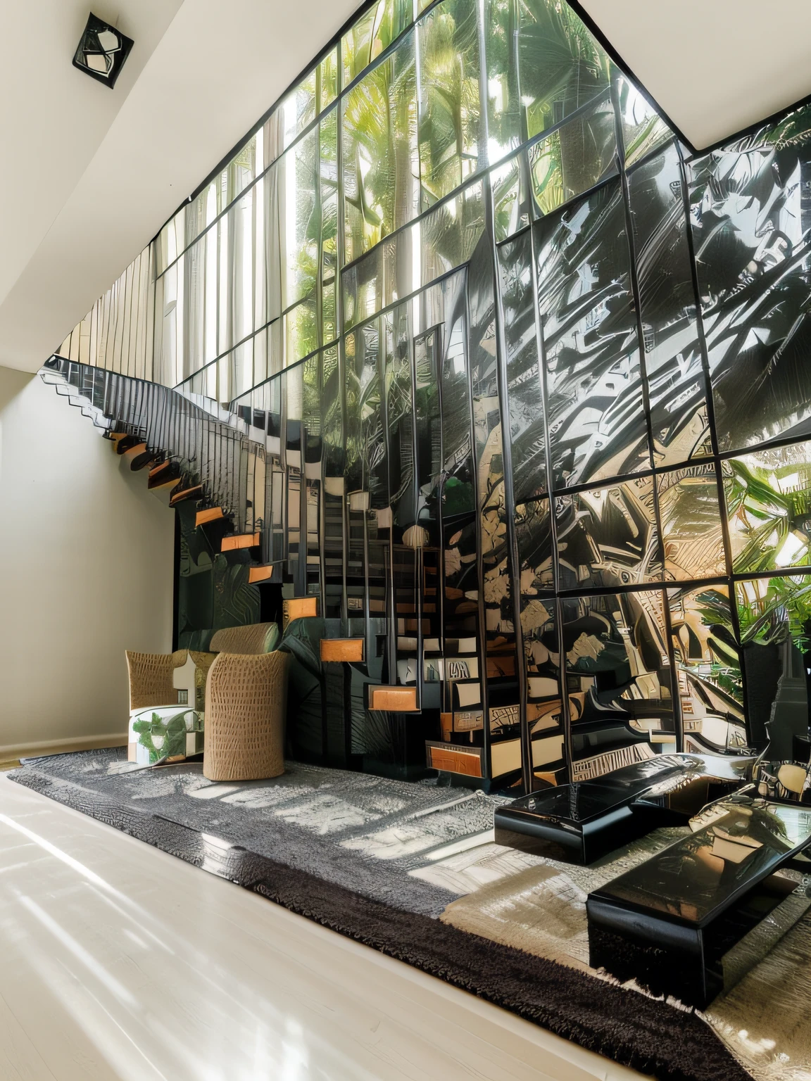 RAW photo, Masterpiece, high quality, best quality, authentic, super detailed, glossy indochina black furniture), couch, table, carpet, shelf tv, 1 solid wood door:1.4,((laminated plaster,))), day light)), natural light fromt glass door, archdaily architecture, (high detail: 1.2), 8k uhd, dslr, soft light, high quality, film grain, Fujifilm XT3,Living room, well arranged livable space, homy, (couch:1.3), (coffee table:1.3), (armchairs:1.3), dining table with chairs, Traditional design, crown holding, emphasis on on symmetry and order, classic decor elements, chandeliers and bookcases, neutral colour schemes with pops of bold colours, jewel tones