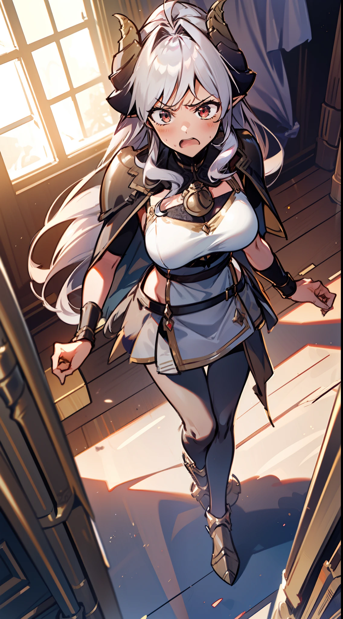 1girl 20 years,solo,((angry)),(((brown skin))),black and golden short armor,medium tits,white hair,long hair,red eyes,elves ears,black horns,black pantyhose,waist cape,Detailed,(((standing in front of a room inside a castle))),hd,masterpiece,8k