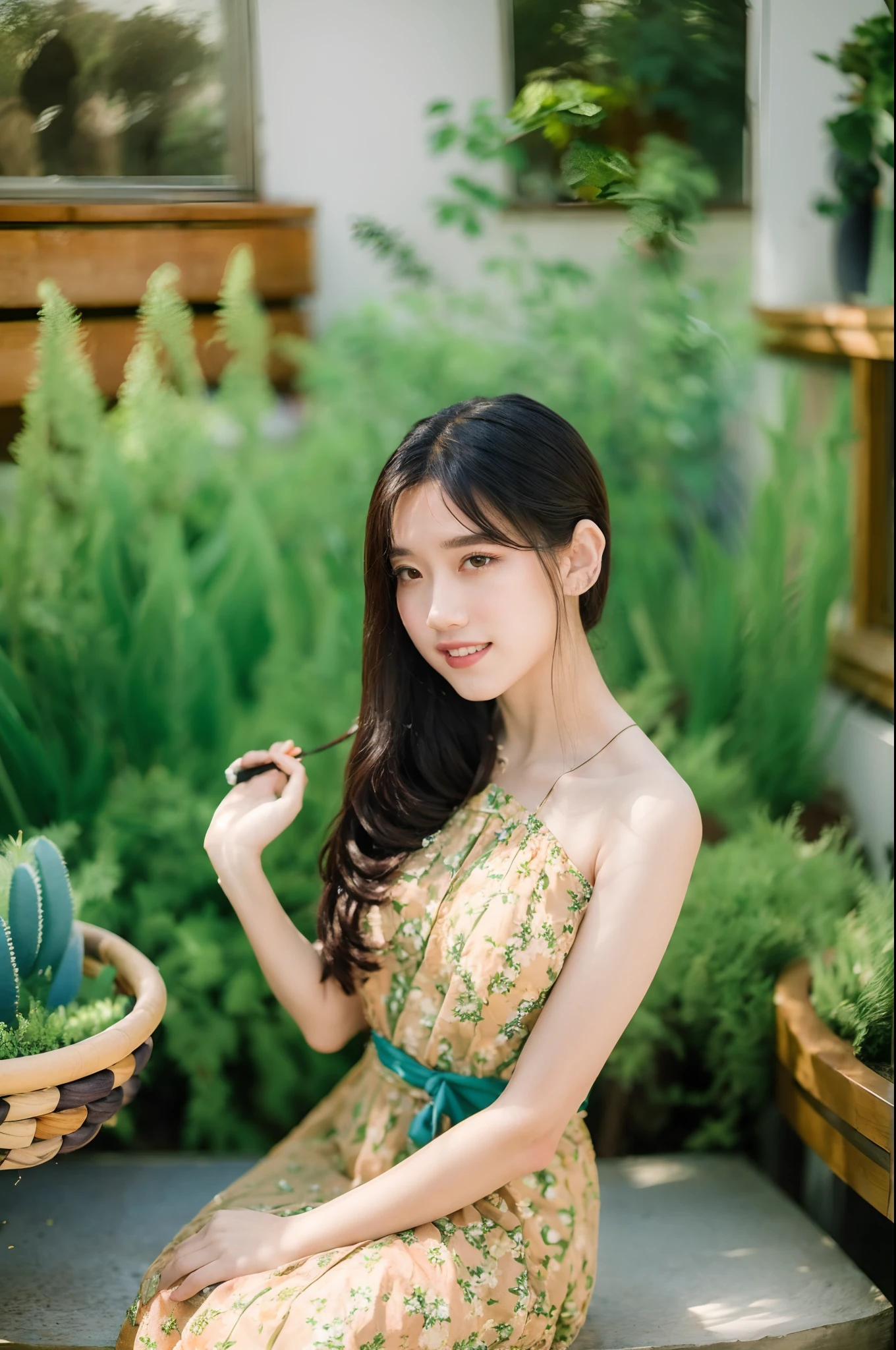 (high quality,beautiful, detailed) girl in a garden, (oil painting) style, (bright, vibrant colors), (soft, warm sunlight), (lush green grass and colorful flowers), (flowing, long hair), (sparkling, expressive eyes), (rosy cheeks), (beautiful, detailed lips), (relaxed, joyful expression), (wearing a floral dress), (surrounded by butterflies), (hands gently holding a basket of honey), (bees buzzing around), (magical atmosphere), [dreamlike], [soft focus], [blurred edges], [pastel colors], [subtle lighting], [faint, glowing halo], [ethereal, delicate]