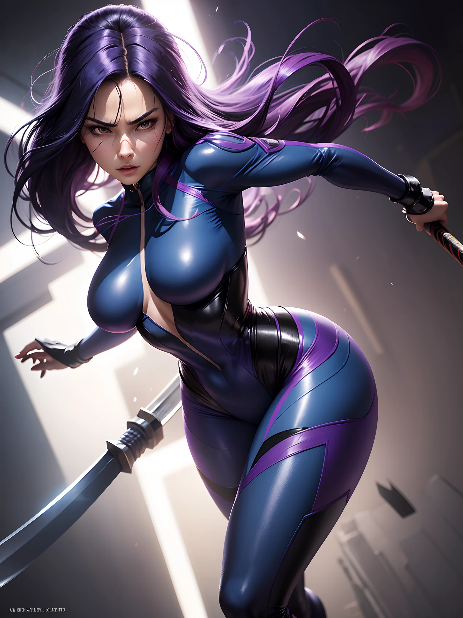 (New York: 1.5), (time square 1.4), Psylocke, also known as Elizabeth, is known for her distinctive appearance and her psychic and telepathic abilities, which are often associated with a psychic blade or psychic katana.
Physical appearance:
Psylocke is a woman of British origin and with an Asian appearance for a while. However, its most recognizable form is as follows::
      Hair: Psylocke usually has long, dark purple hair that falls in soft waves. Her hair is a striking feature and is often worn loose. Eye: Her eyes are typically depicted as blue, but they can also be depicted as purple when she is using her psychic abilities. Body: Psylocke is chiseled and athletic, like many Marvel superheroes. Her physical form reflects her proficiency in martial arts and her combat skills.
typical costume:
Psylocke's costume is an important part of her visual identity. She is often depicted wearing the following attire:
      bodysuit: Psylocke wears a bodysuit that covers her entire body. The costume is usually tight (dark blue or black color :1.5) that covers your body from neck to toe and is made of material that fits the body.
      waistband: She often wears a red waistband that wraps around her waist. This stripe serves as a point of contrast in her look, breaking the monotony of the main color.
      Psychic Blade: Psylocke's most iconic feature is her psychic blade or psychic katana. This is a blade made of psychic energy that she can create with her telepathic abilities. The blade is often described as a traditional Japanese sword, and she wields it skillfully in combat.
      gloves and boots: Psylocke wears gloves and boots in the same color as her bodysuit, completing the look. These items usually have simple details, such as stripes or lines that complement the outfit.
      mask: Although not a constant feature of her costume, Psylocke wears a mask that covers part of her face, leaving only her eye, (slender body: 1.5), (Clothing: 1.5), (large breasts: 1.3), (br