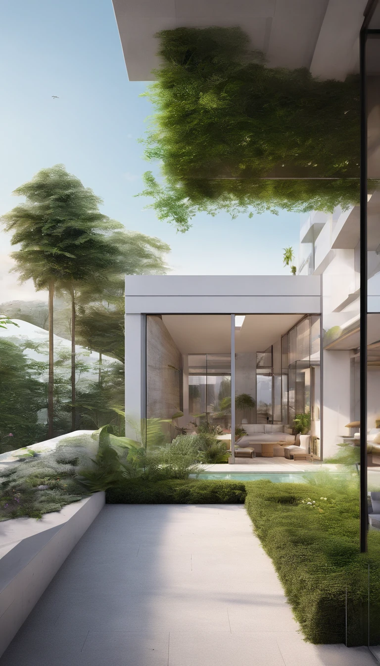 plans and Perspective, hotel style minimalist, seven-floor building, Moc Chau, Viet Nam, 11.5m width, 34m length, best quality, ultra-detailed, realistic:1.37, fine details, spacious lobby, clean and modern aesthetic, large panoramic windows, natural lighting, monochromatic color scheme, neutral tones, contemporary artwork, art deco accents, minimalistic landscaping, rooftop terrace, panoramic view of the surrounding landscape, vine-covered walls, serene atmosphere, vertical gardens, green spaces, minimalist sculptures in the public areas, tranquil swimming pool, high-res images, professional architectural rendering, vivid colors, soft lighting, peaceful ambiance.