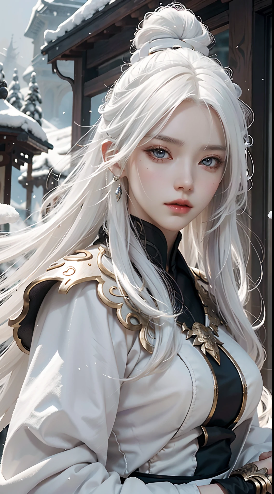 a close up of a person with white hair and a sword, white haired deity, with white long hair, with long white hair, artwork in the style of guweiz, white haired, guweiz, handsome guy in demon slayer art, beautiful character painting, by Yang J, white-haired, guweiz on pixiv artstation, anime character,purple clothing,snow,C-cup breasts,in the palace