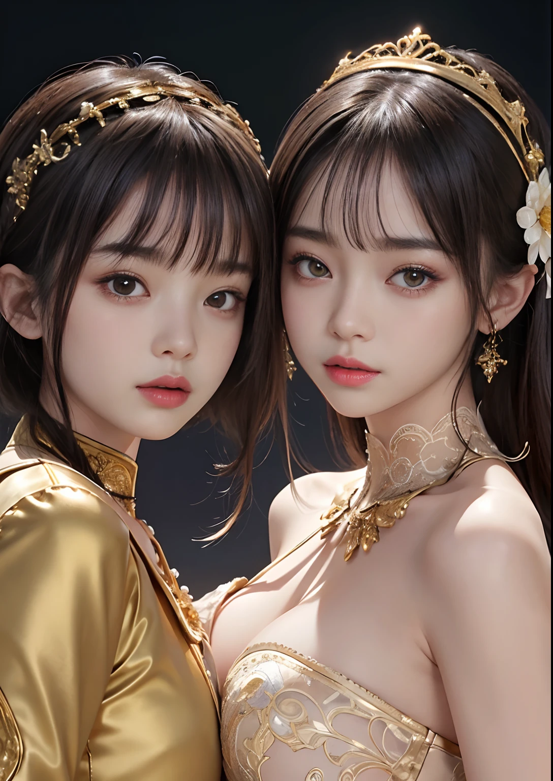 2 girls、cleanness,(Wearing a Venetian mask)、gold lace underwear、Eyes that invite a man、Light solid color background、The upper part of the body、a closeup、8K、Raw photography、top-quality、masterpiece、realisitic、Realistic、Parted bangs、
