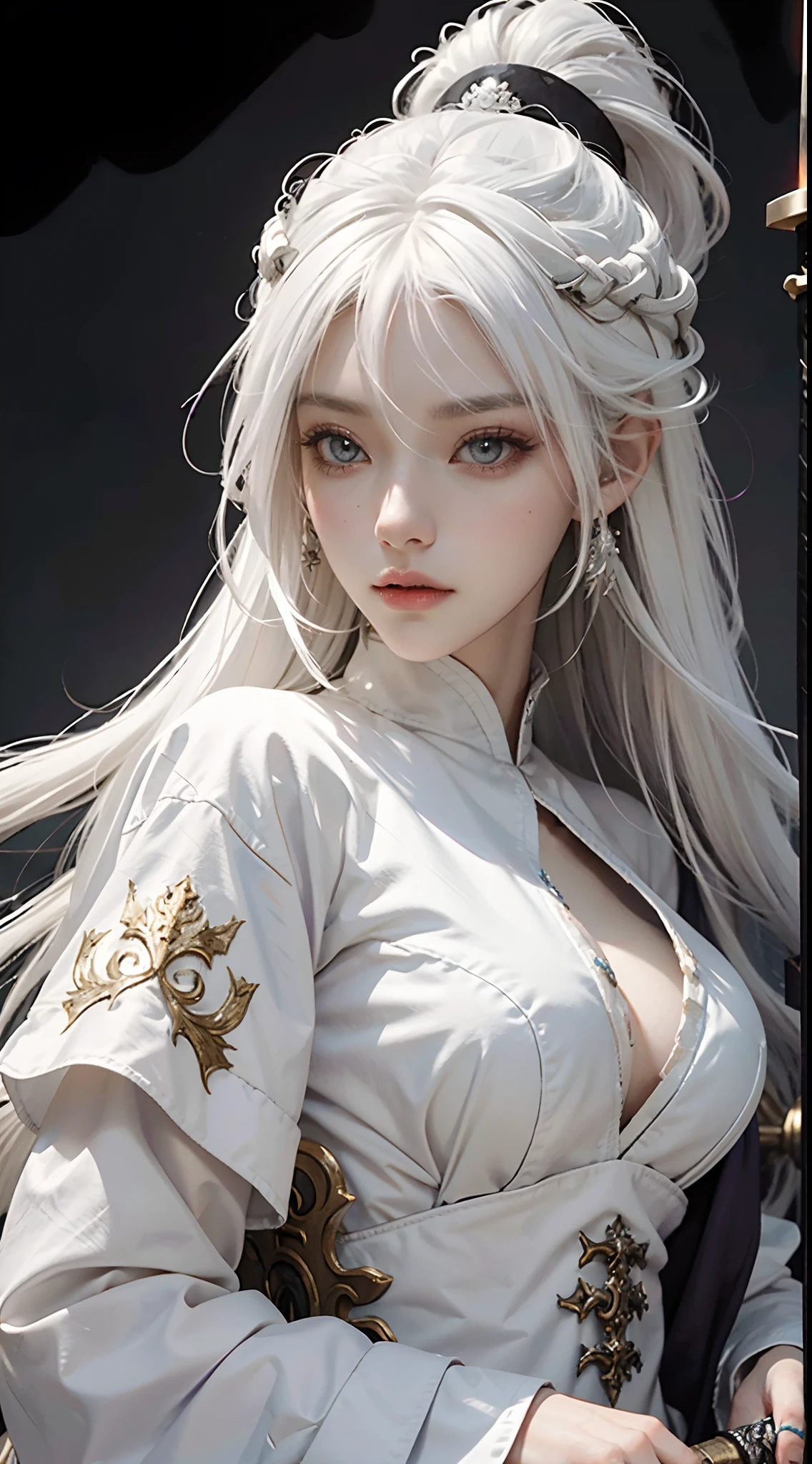 （（masterpiece））， （detailed：1.4），Realistic、 Beautiful Woman Images、Dynamic pose、A dynamic pose，High resolution（High Dynamic Range），Ray Tracing，NVIDIA，Super Resolution，PBR Textures，Post-processing，Anisotropic Filtering，Maximum depth of field resolution and crisp layer textures，Albedo and Specular Maps，Surface Shading，Accurate simulation of material interactions，Perfect balance，Rendering with Octane，2-color light，Large Diameter，Low ISO，White balance，Rule 3 points、8K raw data、Backlight、Beautiful white and shining skin、Gray hair that changes with light、Long bangs obstruct the view、Highlights of cheek luster、Sexy and very beautiful and adorable face、The most beautiful face in the world、Super long and gorgeous white hair、Smooth straight hair、WHITE hair fluttering in the wind、big, glowing bright blue eyes、Beautiful Bangs、Beautiful cute girl 25 years old、Great cleavage、Beautiful black dress、(background:Crystal AI:1.3)
