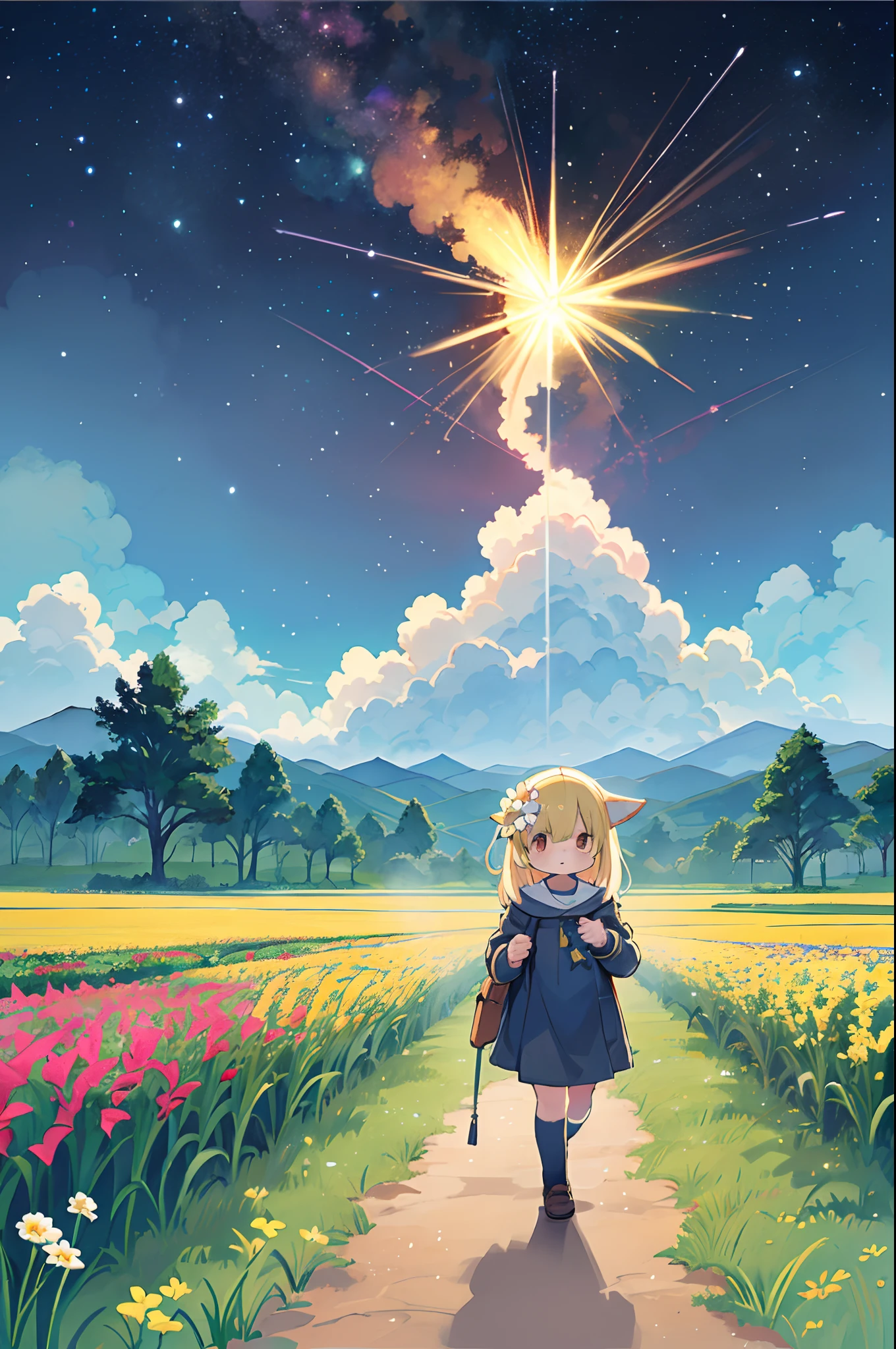 There is a girl standing in a flower field and looking up at the sky, Girl Standing In A Flower Garden, girl walking in flower field, Lost in Dreamy Wonderland, stands in a flowering field, Awesome digital painting, Sky is Xu々It will be sunny to, Starry sky is Xu々Retreat to