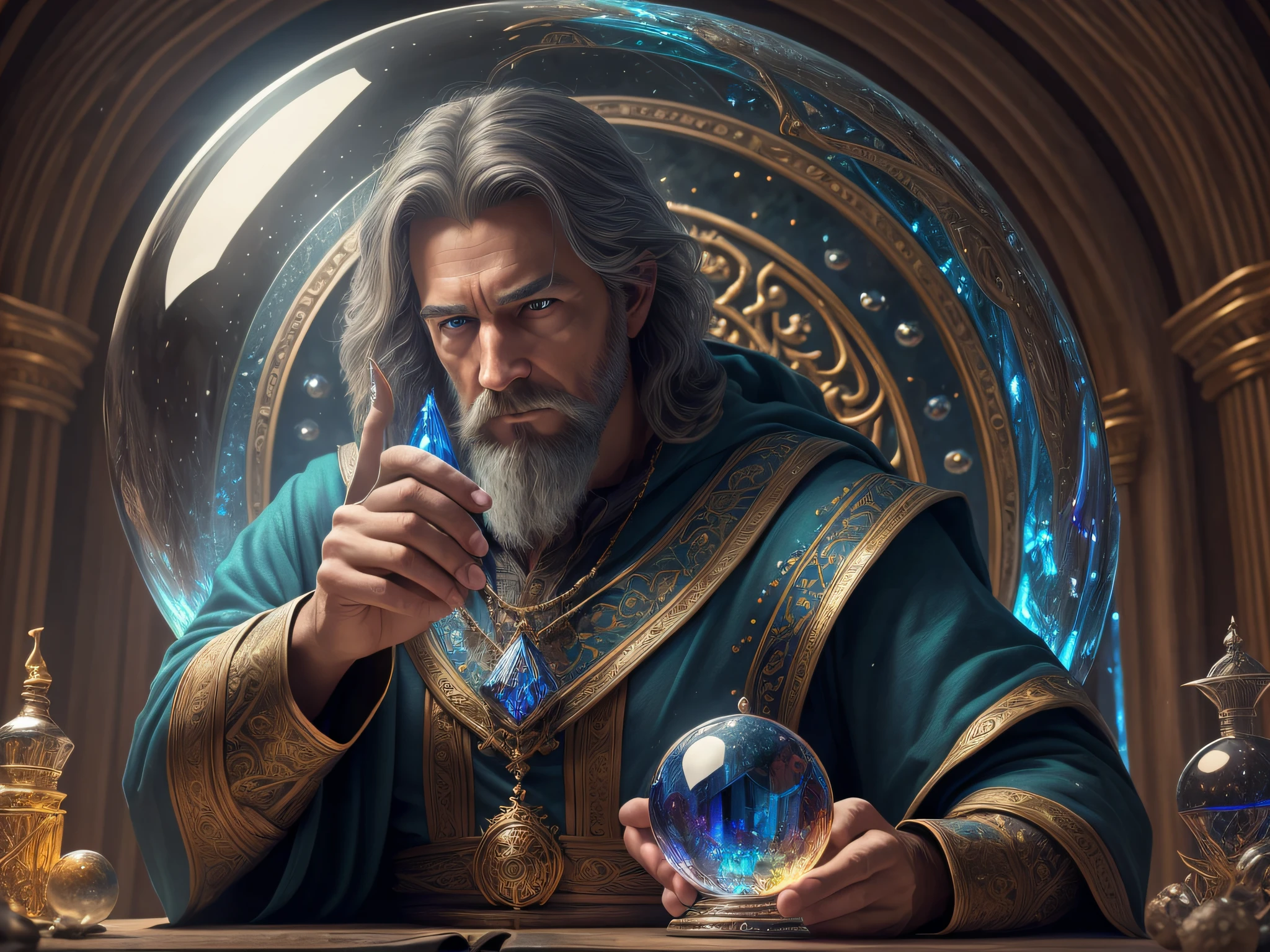 high details, best quality, 8k, [ultra detailed], masterpiece, best quality, (extremely detailed), dynamic angle, ultra wide shot, photorealistic, RAW, fantasy art, dnd art, fantasy art, realistic art, a wide angle view wallpaper of a wizard (intense details, Masterpiece, best quality: 1.5) looking into his crystal ball (intense details, Masterpiece, best quality: 1.5), [[an image of a cell phone]] in the crystal ball casting (intense details, Masterpiece, best quality: 1.5), human male wizard, fantasy wizard (intense details, Masterpiece, best quality: 1.5), D&D wizard, young human male (intense details, Masterpiece, best quality: 1.5), [[anatomically correct]], dynamic hair, dynamic eyes, wearing magical robe (intense details, Masterpiece, best quality: 1.5), dynamic colors, ultra detailed face (intense details, Masterpiece, best quality: 1.5), manipulating blue magical energy, in his laboratory (intense details, Masterpiece, best quality: 1.5), many magical tomes, magical library (intense details, Masterpiece, best quality: 1.5), many magical vials, ultra wide angle from a medium distance