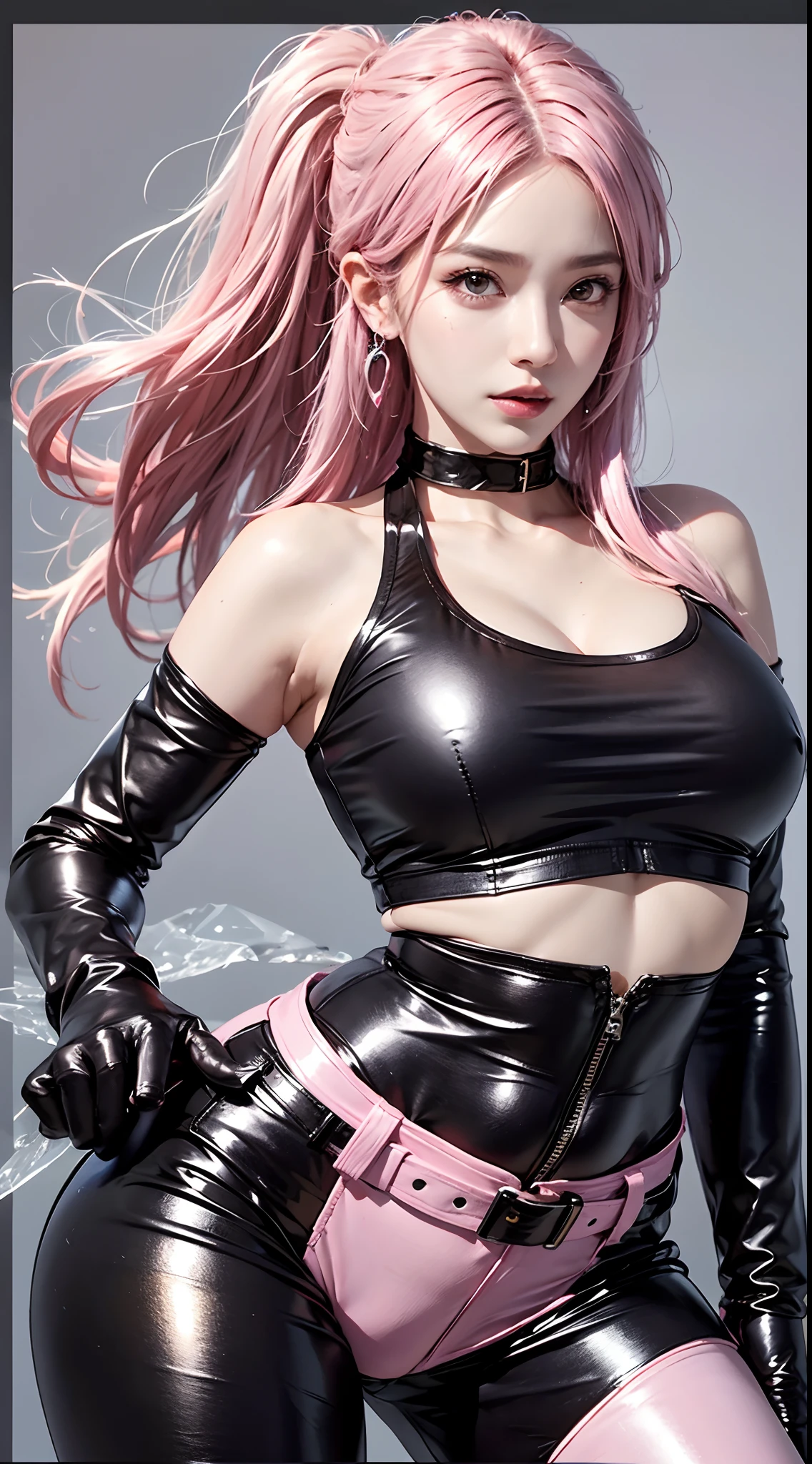 photorealistic, high resolution, 1women, mature female, solo, hips up,k/da_kai'sa,jewelry, earrings, makeup, bare shoulders, crop top, black crop top, collarbone, collar, shiny clothes, detached sleeves, crystals, gloves, elbow gloves, single fingerless glove, midriff, belt, pants, tight pants, high-waist pants, studio background, (Kpop idol), (aegyo sal:1), (pink hair:1), ((puffy eyes))