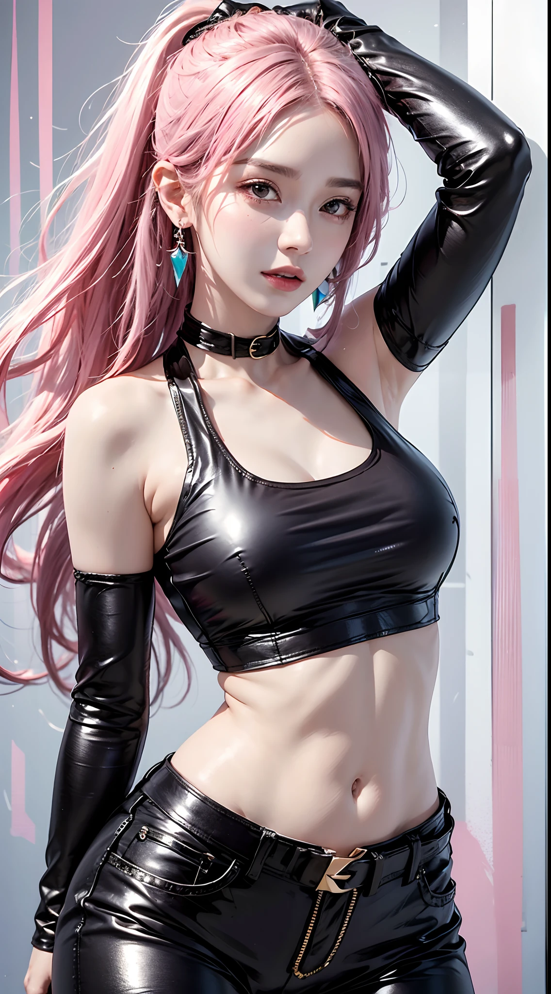 photorealistic, high resolution, 1women, mature female, solo, hips up,k/da_kai'sa,jewelry, earrings, makeup, bare shoulders, crop top, black crop top, collarbone, collar, shiny clothes, detached sleeves, crystals, gloves, elbow gloves, single fingerless glove, midriff, belt, pants, tight pants, high-waist pants, studio background, (Kpop idol), (aegyo sal:1), (pink hair:1), ((puffy eyes))