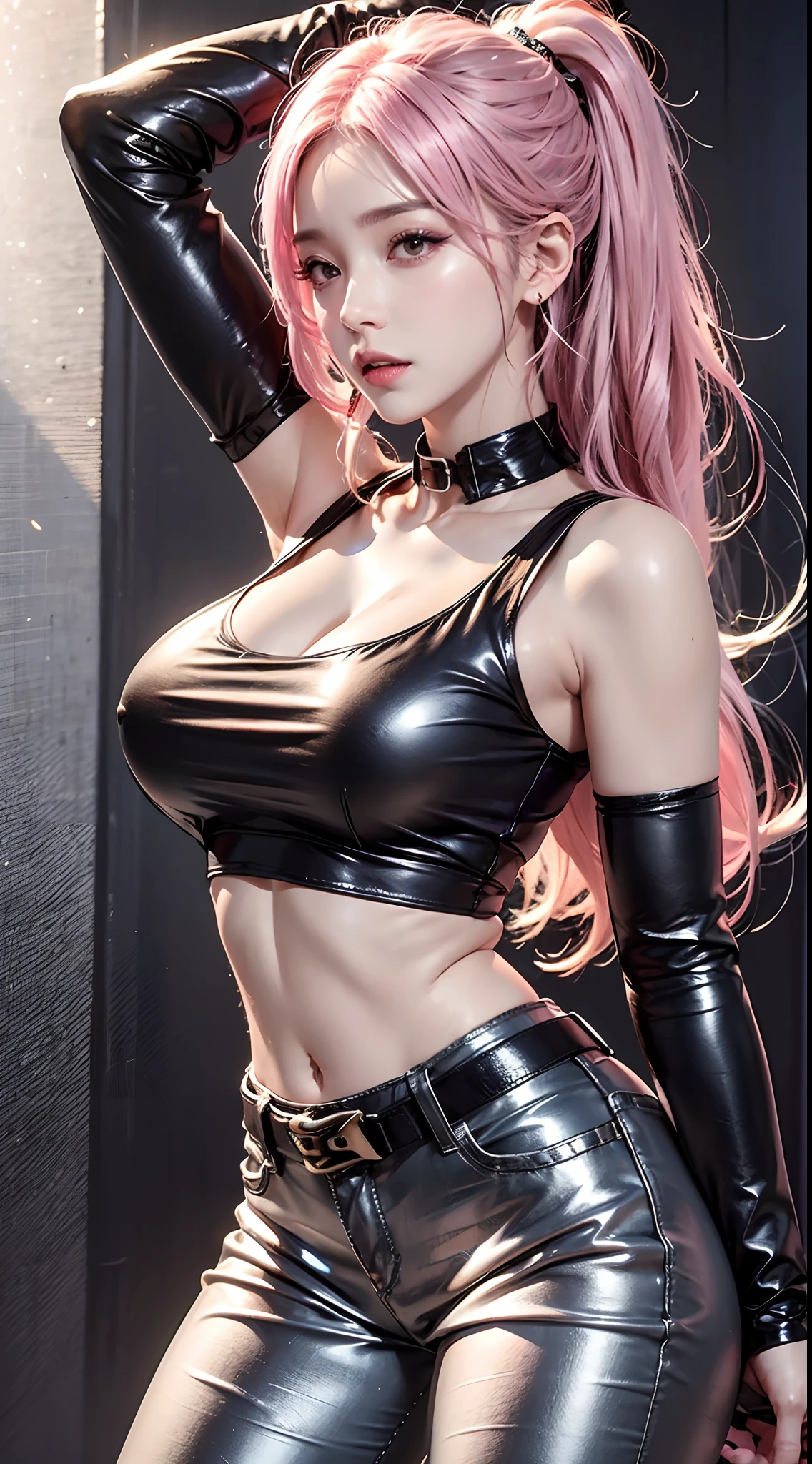 photorealistic, high resolution, 1women, mature female, solo, hips up,k/da_kai'sa,jewelry, earrings, makeup, bare shoulders, crop top, black crop top, collarbone, collar, shiny clothes, detached sleeves, crystals, gloves, elbow gloves, single fingerless glove, midriff, belt, pants, tight pants, high-waist pants, studio background, (Kpop idol), (aegyo sal:1), (pink hair:1), ((puffy eyes))