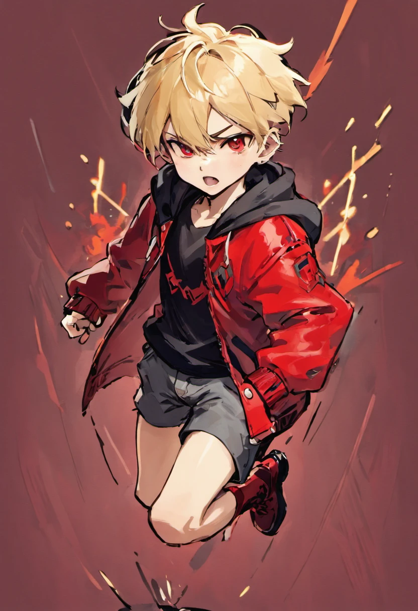 Petite boy with blonde hair、Have slightly longer hair。Wearing a red jacket、Wearing short pants。Shoes are wearing red boots。