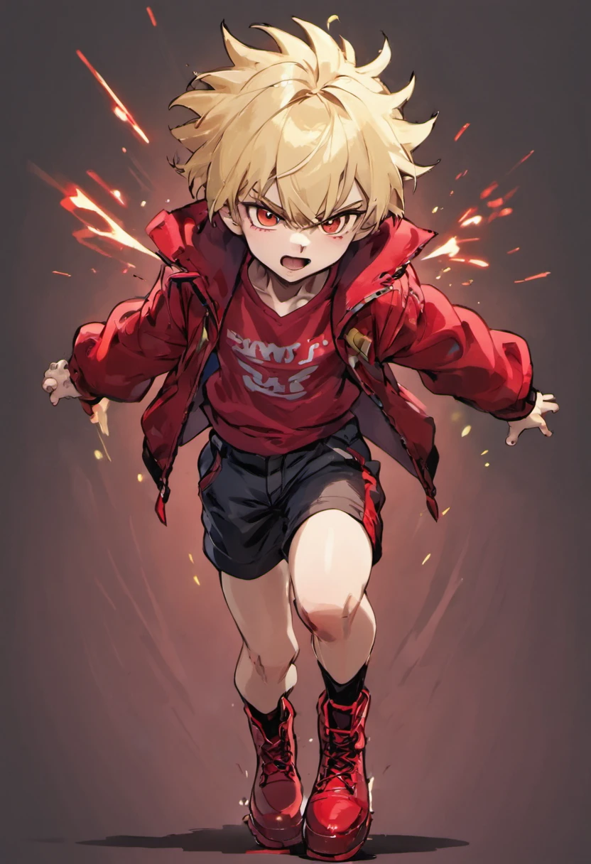 Petite boy with blonde hair、Have slightly longer hair。Wearing a red jacket、Wearing short pants。Shoes are wearing red boots。