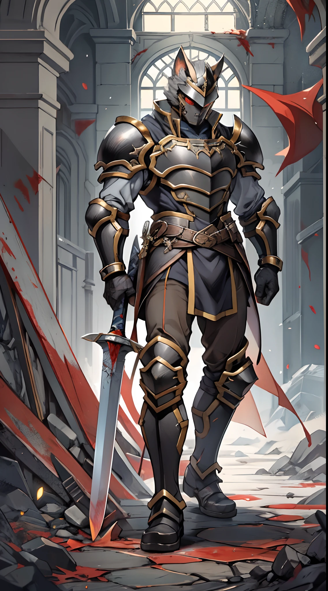 Golden red sacred church background,,Short white-gray hair,Wear a wolf-shaped helmet that covers the upper part of your face,Domineering,heaviness,Both hands are fully armed,There is a blood-colored spell on the neck,Heavy armor in the Middle Ages,The orange-red pupils have a lot of religious decoration on them,iron armor,Black and gray knight iron boots,Holding a heavy gray-black giant sword,It is engraved with a bright red inscription,There are scratches and frays on the greatsword,The greatsword hangs upside down on the ground,Mards,Ashes flying,High degree of completion,4K Ultra HD quality