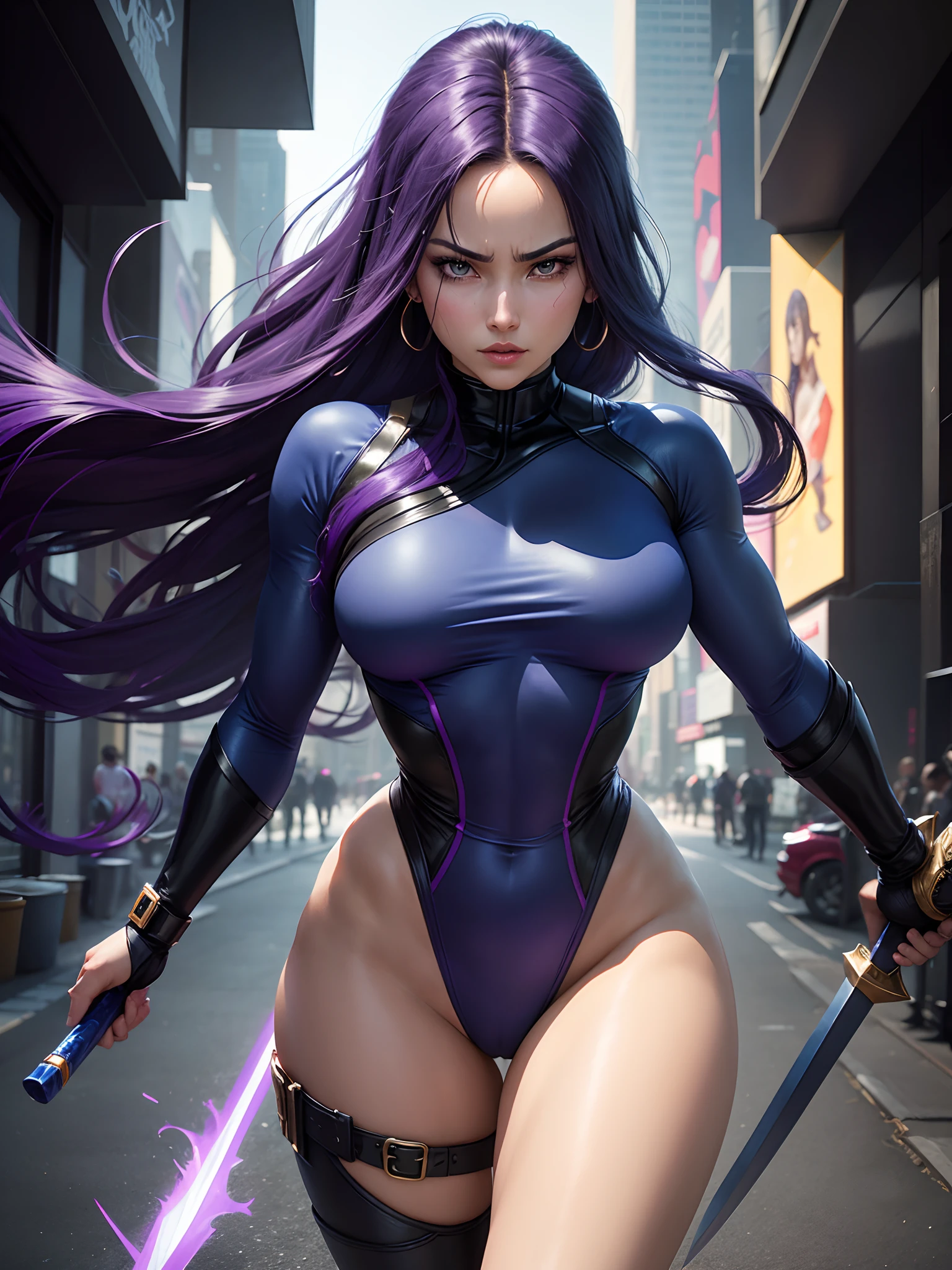 (New York: 1.5), (time square 1.4), Psylocke, also known as Elizabeth, is known for her distinctive appearance and her psychic and telepathic abilities, which are often associated with a psychic blade or psychic katana.
Physical appearance:
Psylocke is a woman of British origin and with an Asian appearance for a while. However, its most recognizable form is as follows::
Hair: Psylocke usually has long, dark purple hair that falls in soft waves. Her hair is a striking feature and is often worn loose. Eye: Her eyes are typically depicted as blue, but they can also be depicted as purple when she is using her psychic abilities. Body: Psylocke is chiseled and athletic, like many Marvel superheroes. Her physical form reflects her proficiency in martial arts and her combat skills.
typical costume:
Psylocke's costume is an important part of her visual identity. She is often depicted wearing the following attire:
bodysuit: Psylocke wears a bodysuit that covers her entire body. The costume is usually tight (dark blue or black color :1.5) that covers your body from neck to toe and is made of material that fits the body.
waistband: She often wears a red waistband that wraps around her waist. This stripe serves as a point of contrast in her look, breaking the monotony of the main color.
Psychic Blade: Psylocke's most iconic feature is her psychic blade or psychic katana. This is a blade made of psychic energy that she can create with her telepathic abilities. The blade is often described as a traditional Japanese sword, and she wields it skillfully in combat.
gloves and boots: Psylocke wears gloves and boots in the same color as her bodysuit, completing the look. These items usually have simple details, such as stripes or lines that complement the outfit.
mask: Although not a constant feature of her costume, Psylocke wears a mask that covers part of her face, leaving only her eye, (slender body: 1.5), (Clothing: 1.5), (large breasts: 1.3), (br