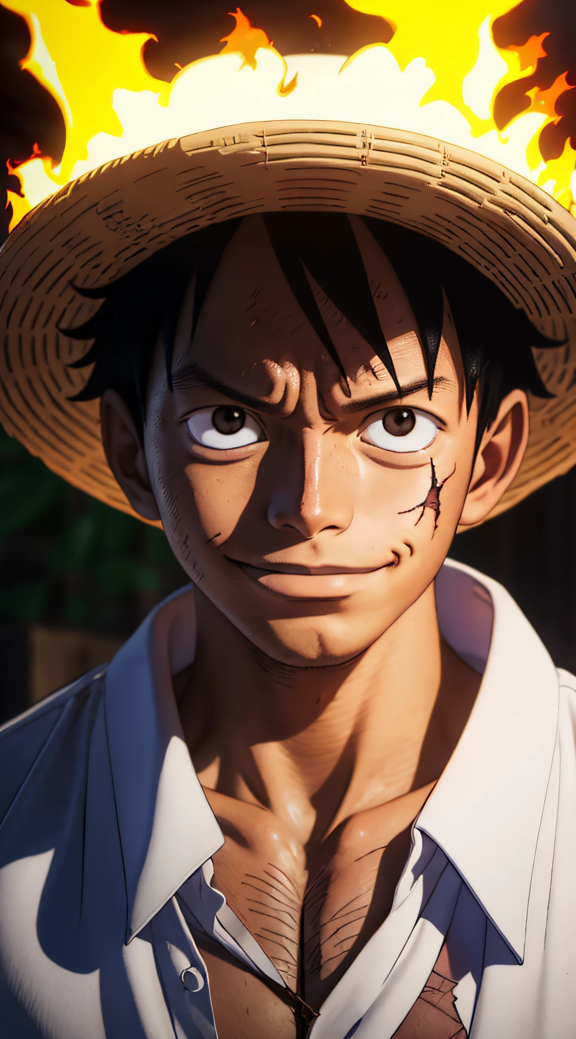 1boy, wanostyle, monkey d luffy, smiling, straw hat, looking at viewer, solo, upper body, ((masterpiece)), (best quality), (extremely detailed), depth of field, sketch, dark intense shadows, sharp focus, soft lighting, hdr, colorful, good composition, fire all around, spectacular, closed shirt, anime screencap, scar under eye, ready to fight, black eyes