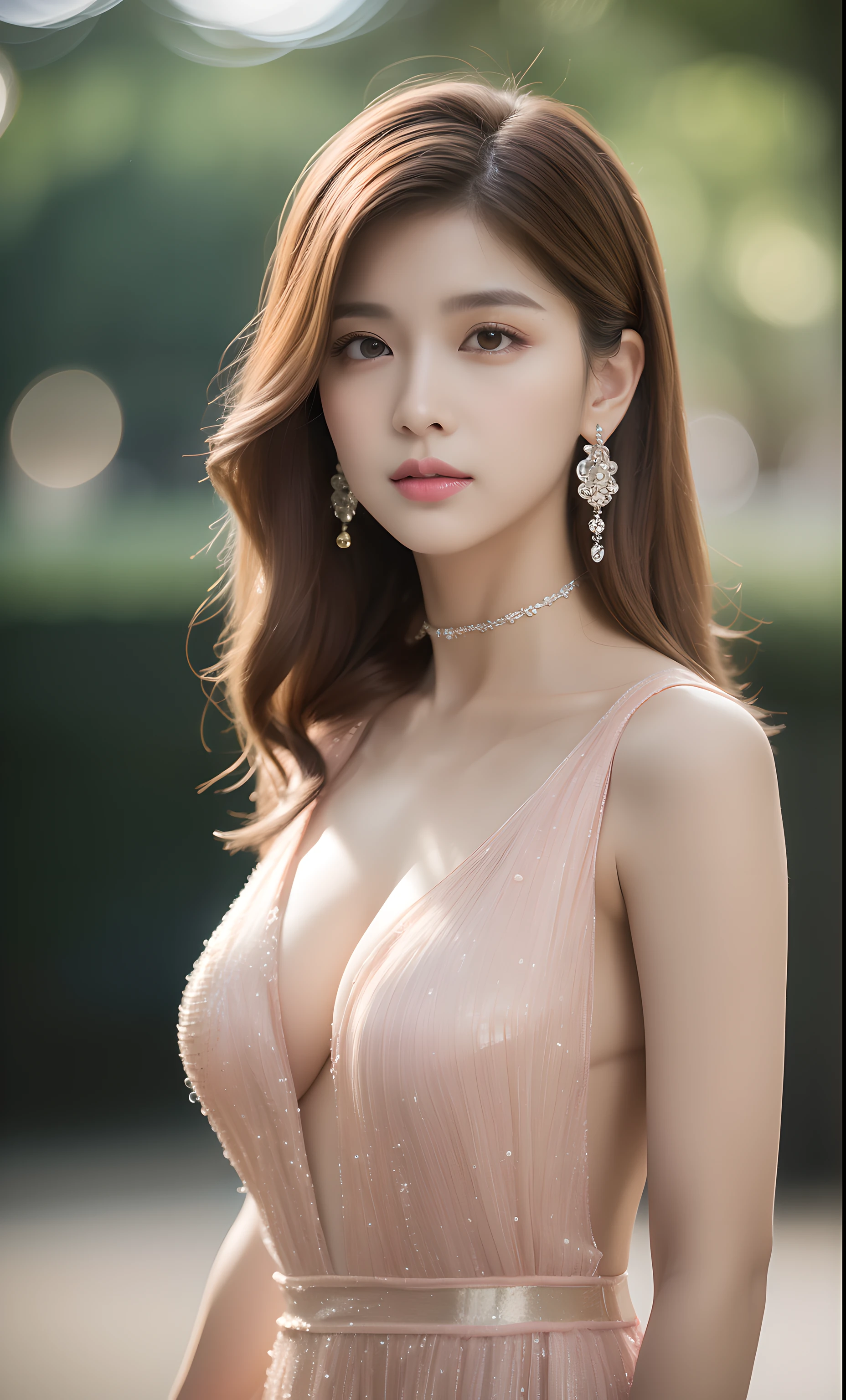 half-body photo of a korean girl, (Perfect beauty:1.37), ((platinum brown hair)), (huge:1.47)(((perfect natural breasts))), cleavage, ((dynamic pose)), sexy collarbone, oval face, double eyelids, smart peach blossom eyes, pink lips, small nose, bangs, (standing), earrings, ribbon choker, bare shoulders, chiffon(((Slit Evening Gown))), (Outdoor, Night, Bokeh:1.125), Park view, Super fine face, Fine eyes, Double eyelids, (Clear focus), (Realistic lighting, Best quality, 8K, Masterpiece: 1.43),