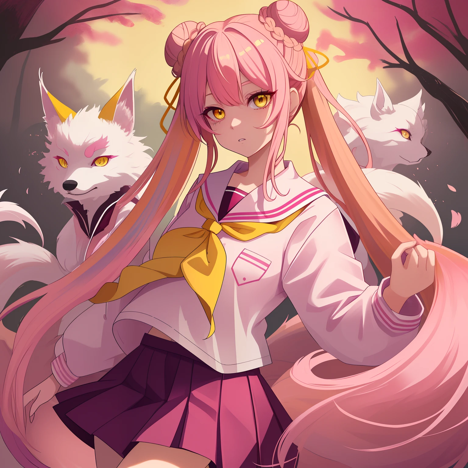 Yellow eyes, pink hair with buns, school uniform, kitsune features