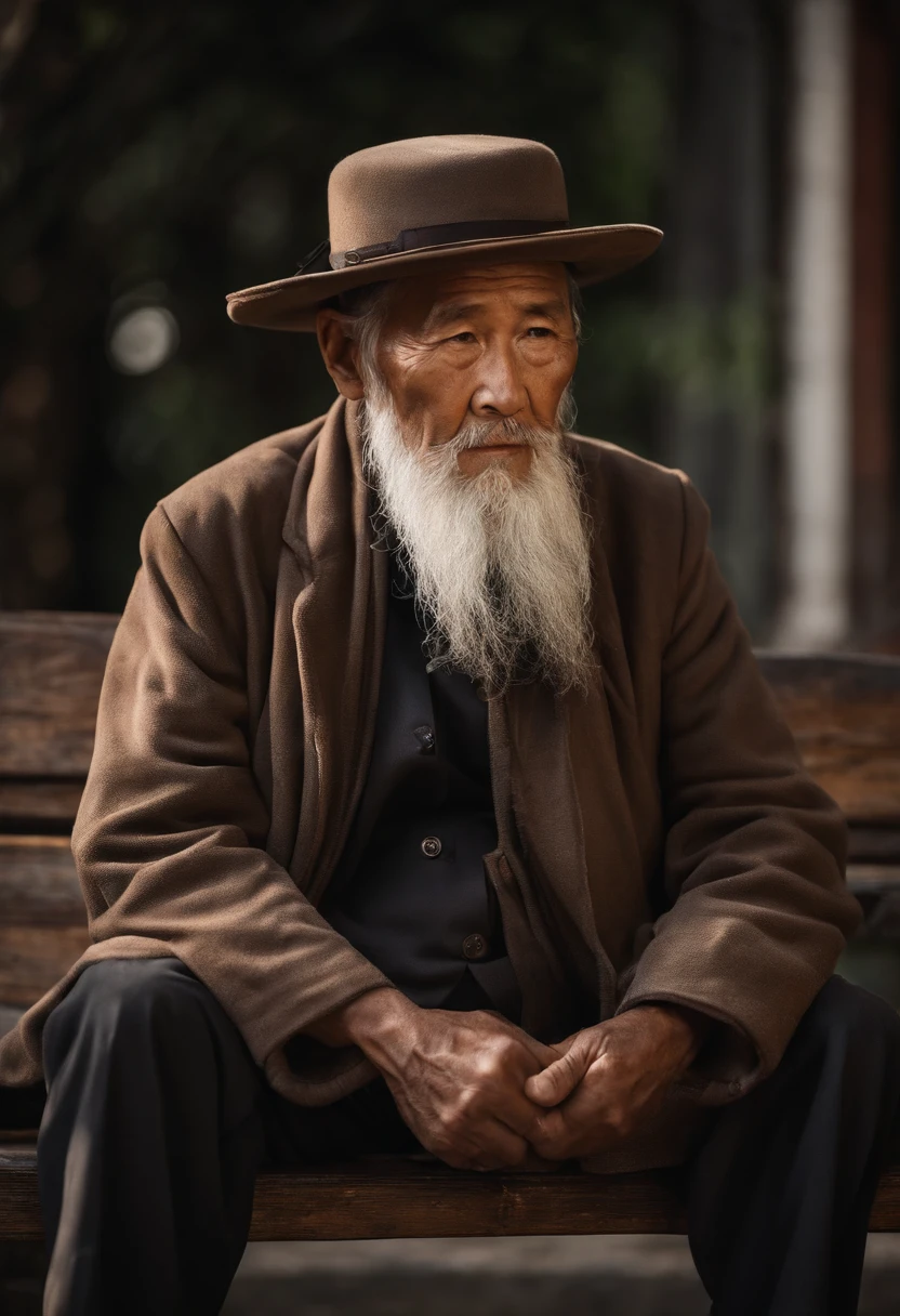 arafed man with a long beard and a hat sitting on a bench, Wise old man, An old man, portrait photo of an old man, old man, Asian people, old man portrait, an 80 year old man, old male, peaceful expression, Perfectly centered portrait, photo of a man, chinese artist, a old man