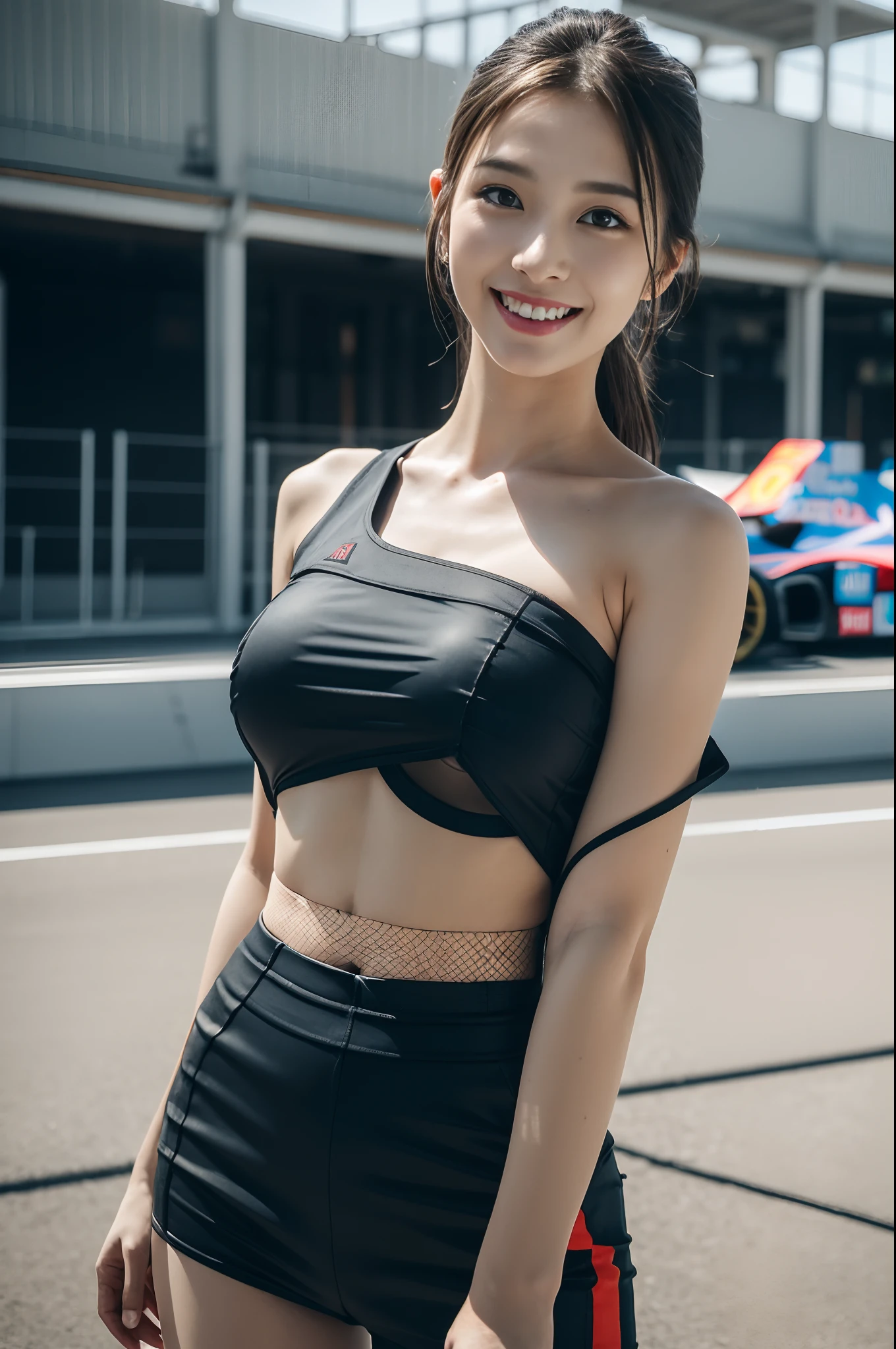 (((one shoulder gridgirl costume))),(((sit and knees up))),(((midriff peek))),(((show underboob ))),(((miniskirt lift))),(((bare inner thigh))),(((show Formula One car))),ulzzang-6500-v1.1, (Raw photo:1.2), (Photo realistic:1.4), a beautiful detailed girl, extremely detailed eye and face, beautiful detailed eyes, ultra-detailed, High resolution, top-quality, ​masterpiece, highly detailed, 8k wallpaper, Wonderful, finely detail, top-quality, Light on the face,电影灯光,1girl in,(auto race track),Beautiful eyes,smile,Opening Mouth