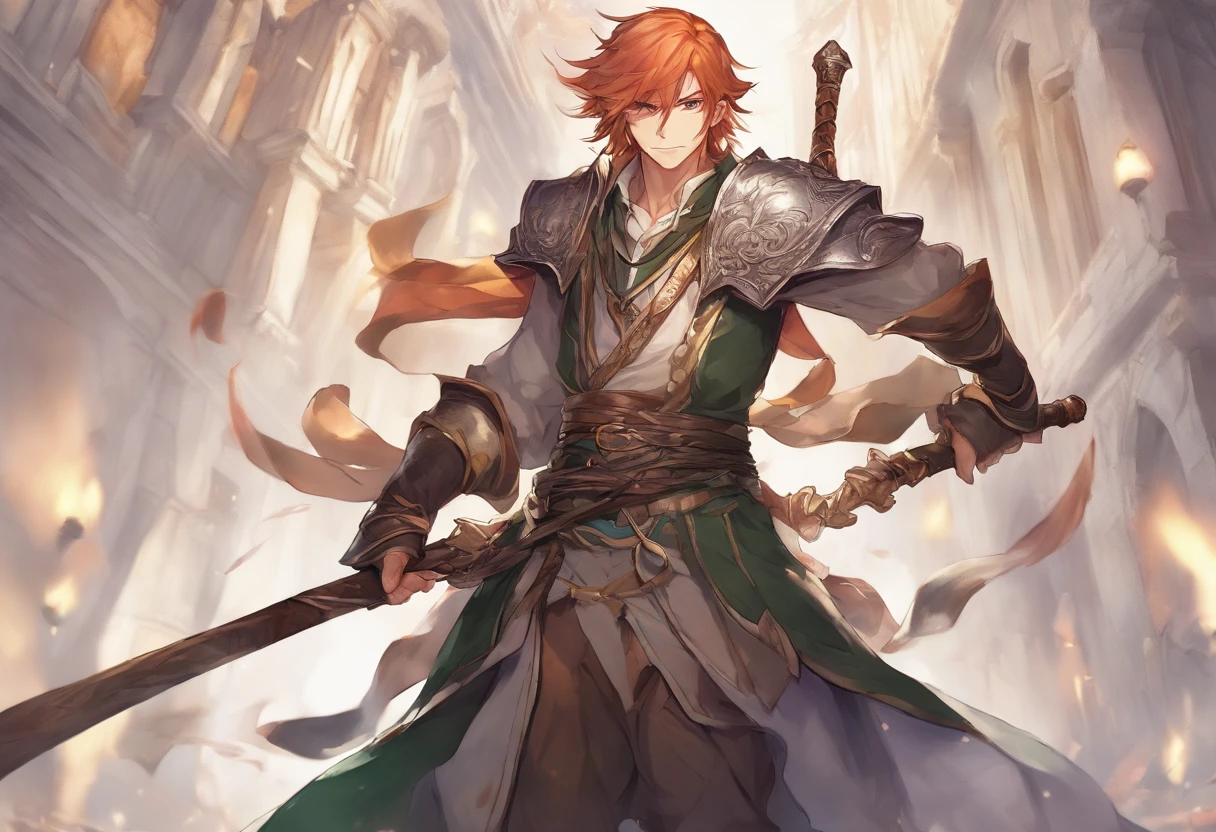masterpiece、top-quality、 超A high resolution、(Red-haired ponytail female warrior、Green eyes、A mischievous smile、Heavily armed armor、Carrying a sword on his back)、(Blonde long-haired elf archer、Purple eyes、Smiling smile、Revealing clothing、Have a bow)、(Yellow Shorthair Man Wizard、Brown eyes、tired expression、Wearing a loose gray robe、Have a cane as long as your height)、Walking in the city of Western fantasy