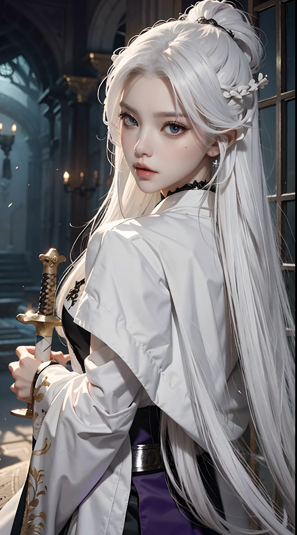 a close up of a person with white hair and a sword, white haired deity, with white long hair, with long white hair, artwork in the style of guweiz, white haired, guweiz, handsome guy in demon slayer art, beautiful character painting, by Yang J, white-haired, guweiz on pixiv artstation, anime character,purple clothing,in the palace,Pear blossoms falling