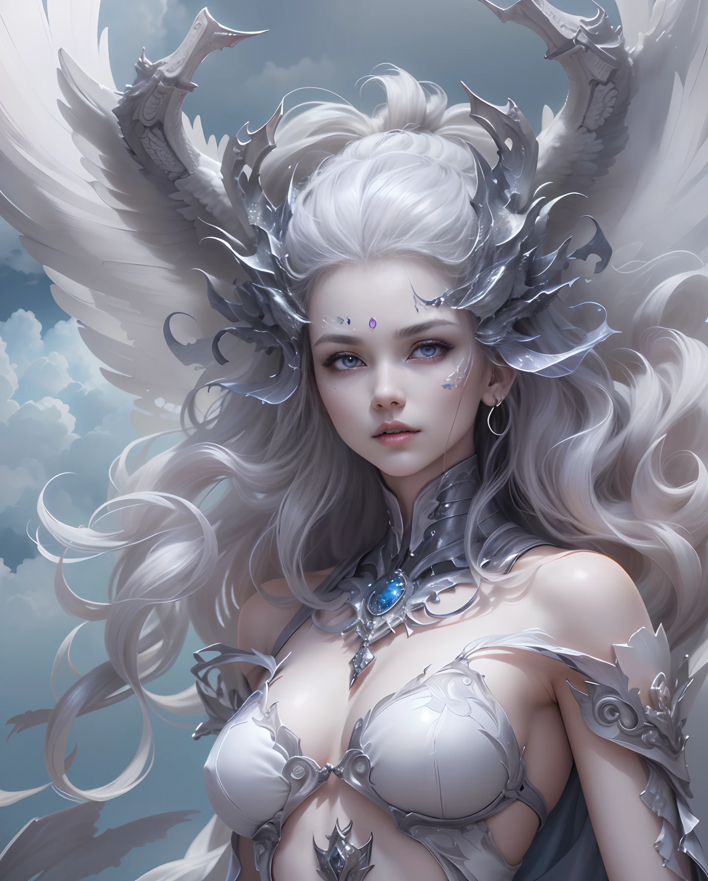 ((top-quality))、((masterpiece))、(detaileds)、seductive succubus、Fantastic beauty、Perching on the clouds、(fantasy illustrations:1.3)、a captivating gaze、Pose Seductive、Delicate wings、Otherworldly charm、mystical sky、 (By Luis Royo:1.shitaka Amano:1.1)、Moon Night、Soft colors、(detailed cloudscape:1.3)、(hight resolution:1.2)Complex 3d rendering ultra detailed beautiful porcelain profile female android face、cyborgs、roboticparts、150mm、Beautiful studio soft lights、Rim Light、Vivid details、luxuriouscyberpunk、Ren Hao、surrealistic、Anatomical、face muscles、cable electric wires、microchips、elegent、beatiful backgrounds、octan render、HR Giger Style、8K、top-quality、masterpiece、illustratio、extremely delicate and beautiful、A highly detailed、nffsw、unification、wall-paper、(realisitic、Photorealsitic:1.37)、magnifica、Finely detailed、masterpiece、top-quality、Official art、Highly detailed ticker Unity 8K wallpapers、absurderes、incredibly absurdness、机器人、Silver Halmet、full body Esbian、sitting on、the skin is transparent and white,,,、the skin is white and beautiful、legs are thin and beautiful、high-heels、