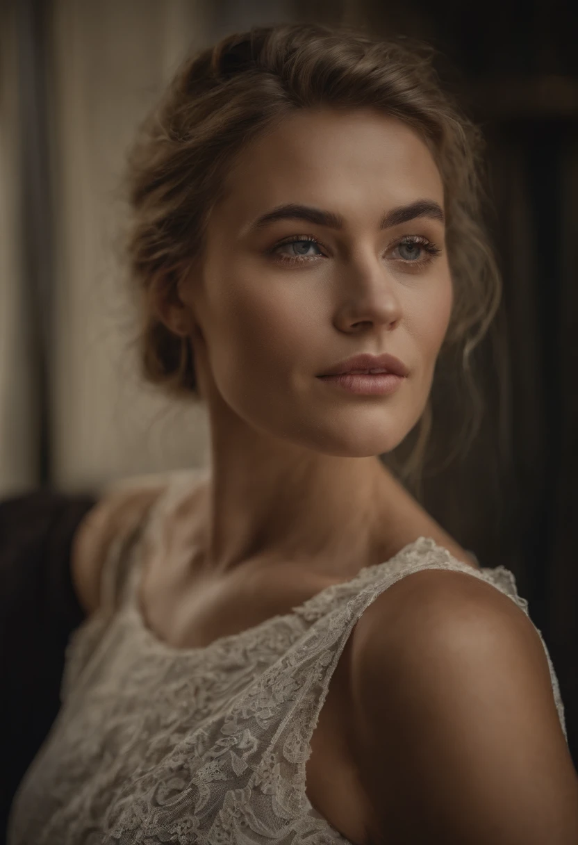 adult 25 years old women detailed short blond hair, sharp jawline tanned skin, dark eyes, solo poitrate, beautiful face, preety face, perfect face, closeup, looking towards the camera, photo real, HDR, well lit, 8k, 4k