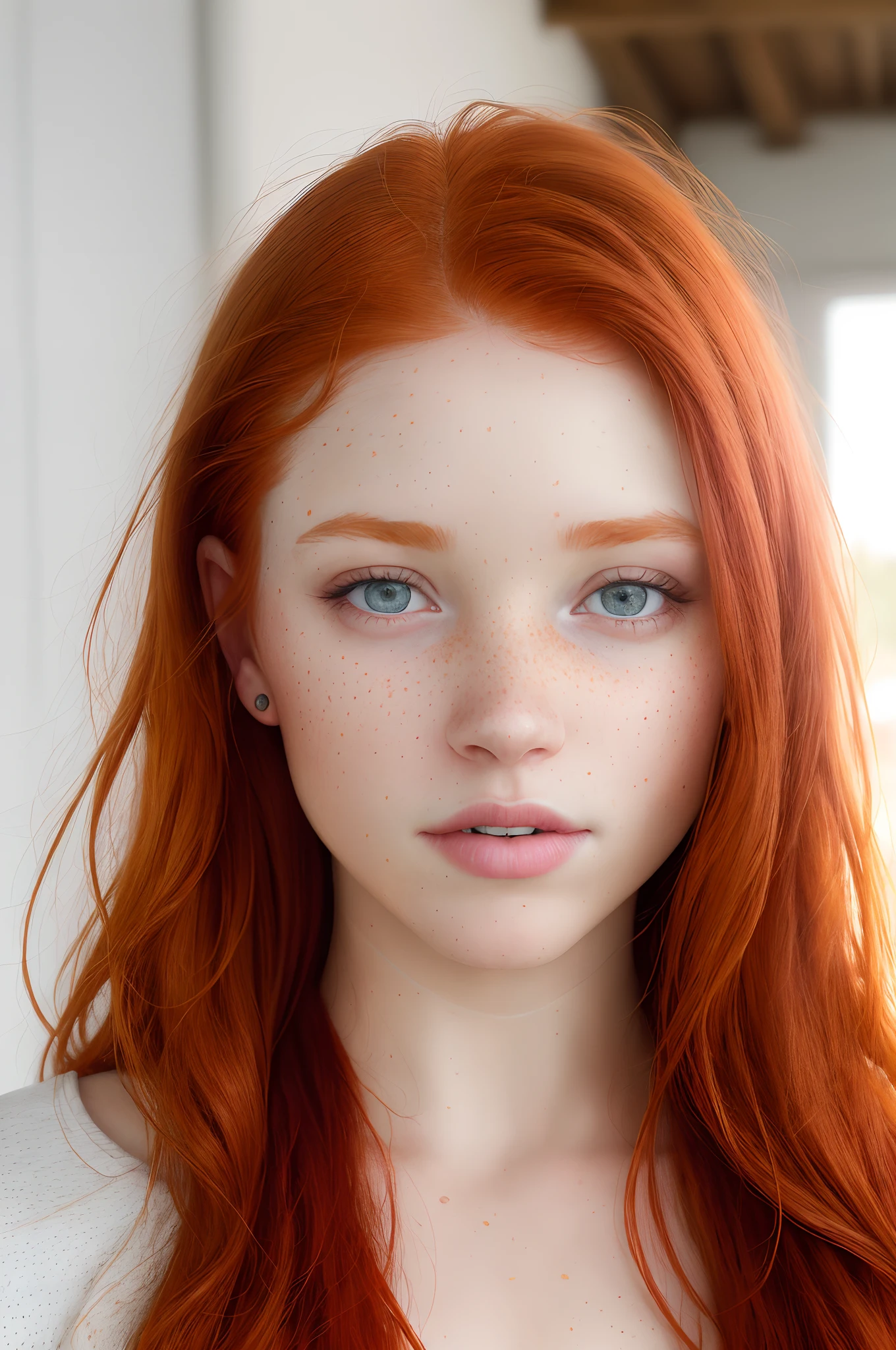 (8k, RAW photo, highest quality), beautiful girl (c14nn4Lynn:0.90) , close up, t-shirt, (detailed eyes:0.8), (highly detailed skin:1.4), (looking at the camera:1.4), freckles, (highest quality), (best shadow), intricate details, interior, (ponytail, ginger hair:1.3), dark studio, <lora:epiNoiseoffset_v2:1>