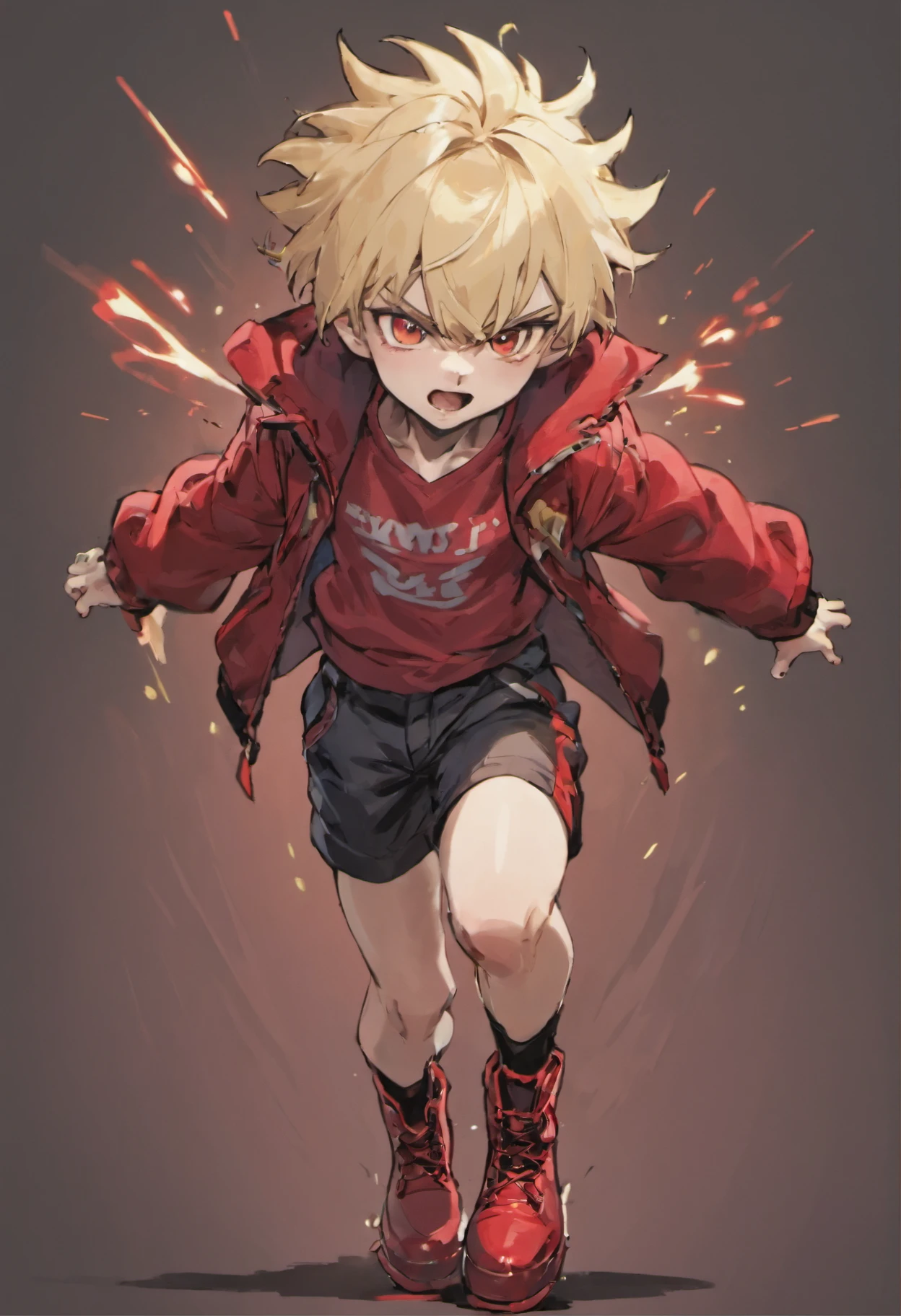 Petite boy with blonde hair、Have slightly longer hair。Wearing a red jacket、Wearing short pants。Shoes are wearing red boots。