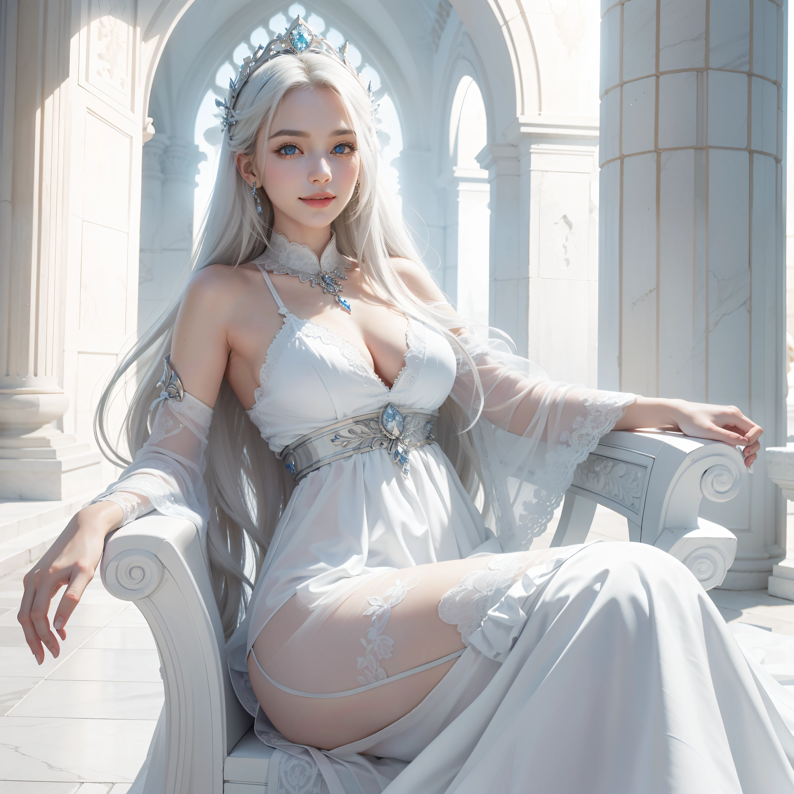 White goddess blue eyes in human shape、beautiful body of a flower of a very attractive age with white underhair,,,,,,,,Wearing a white dress,Smiling inside a magnificent palace made of white stone,sitting in a throne,