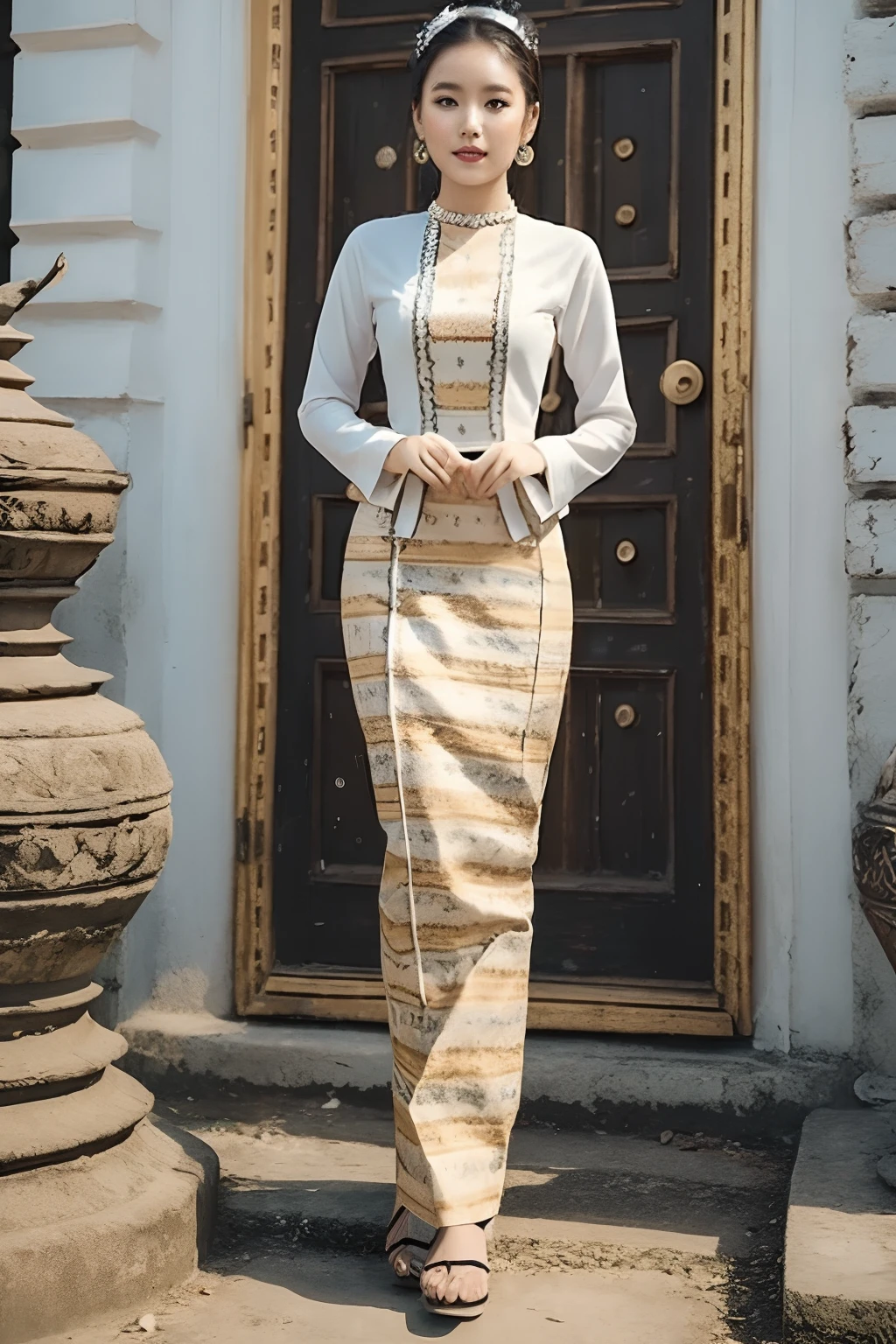 MMTD Burmese patterned traditional dress lady full body details