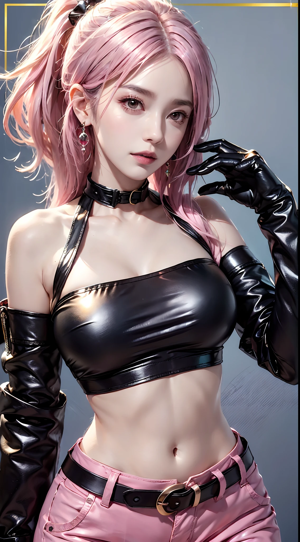 photorealistic, high resolution, 1women, mature female, solo, hips up,k/da_kai'sa,jewelry, earrings, makeup, bare shoulders, crop top, black crop top, collarbone, collar, shiny clothes, detached sleeves, crystals, gloves, elbow gloves, single fingerless glove, midriff, belt, pants, tight pants, high-waist pants, studio background, (Kpop idol), (aegyo sal:1), (pink hair:1), ((puffy eyes))